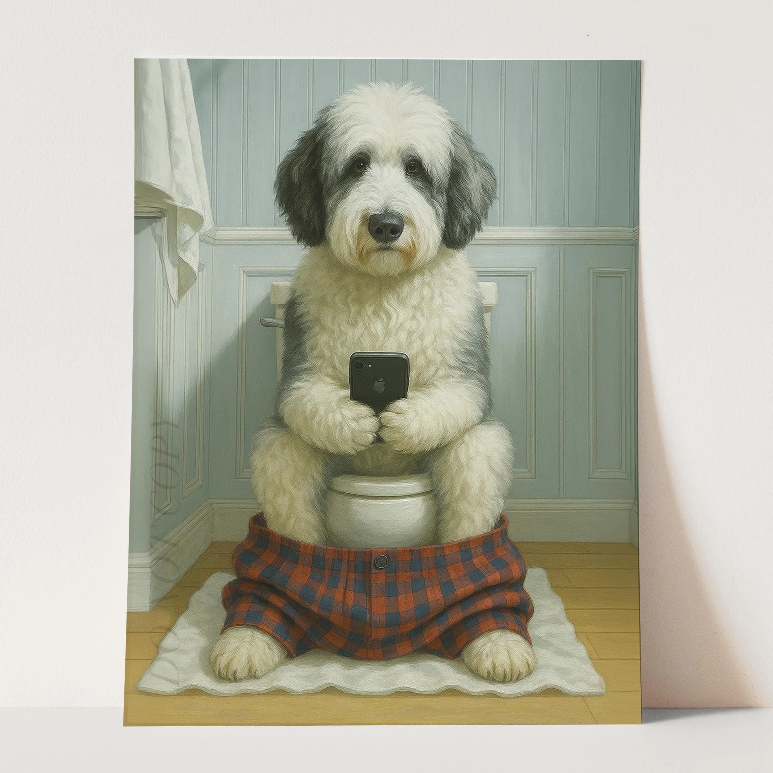 Sheepadoodle Dog On The Phone On The Toilet - Image 3