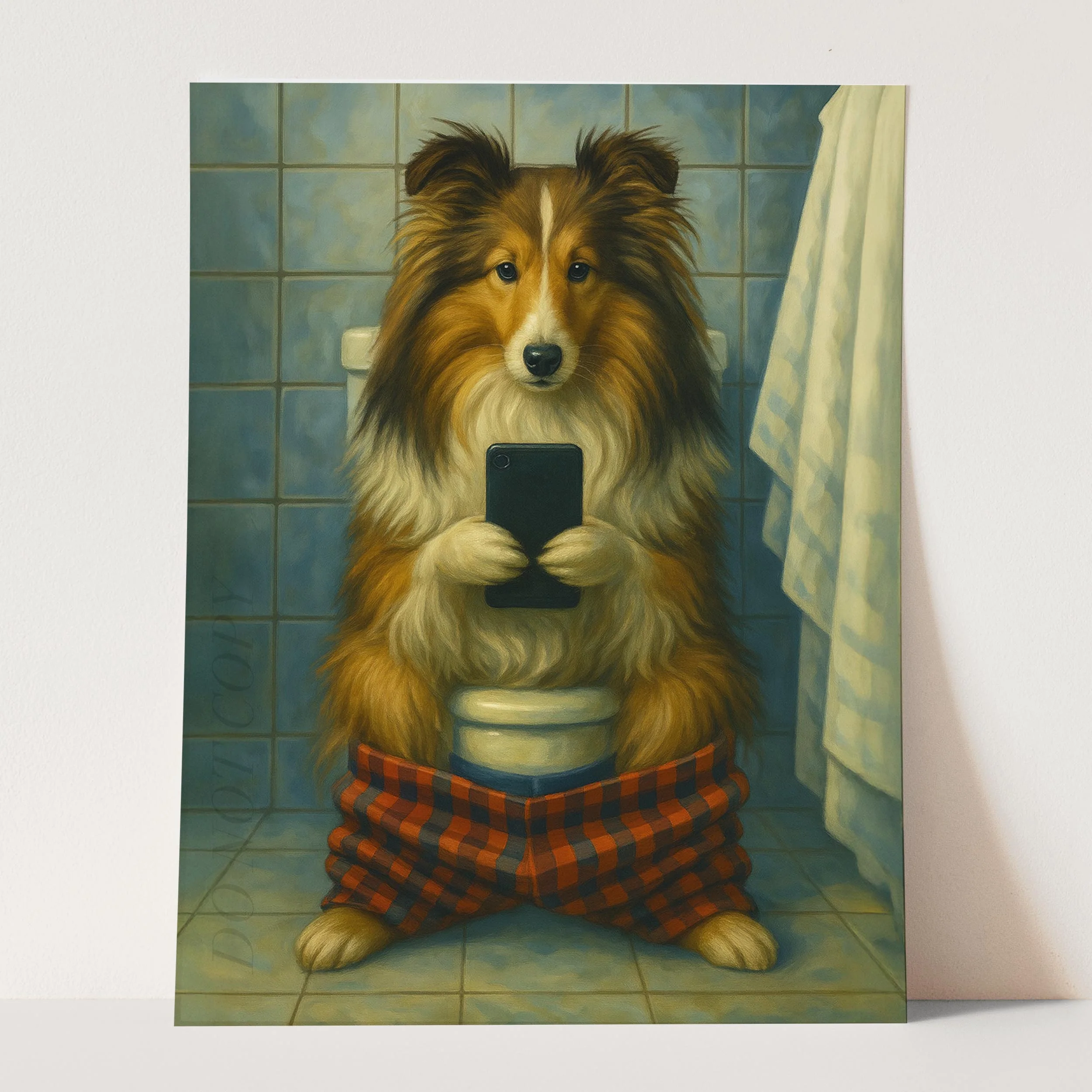 Sheltie Dog On The Phone On The Toilet - Image 3