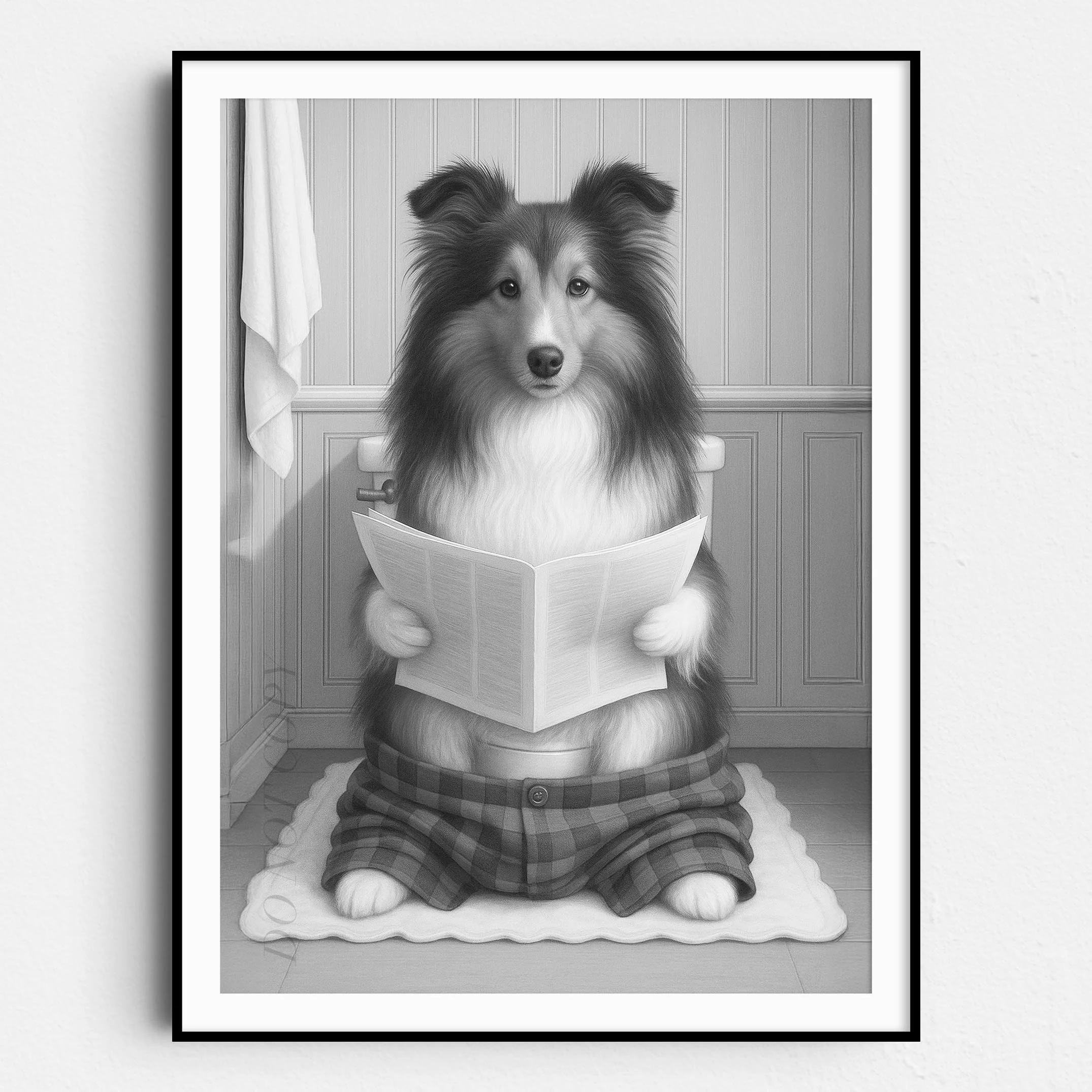 Shetland Sheepdog Reading The Newspaper On The Toilet