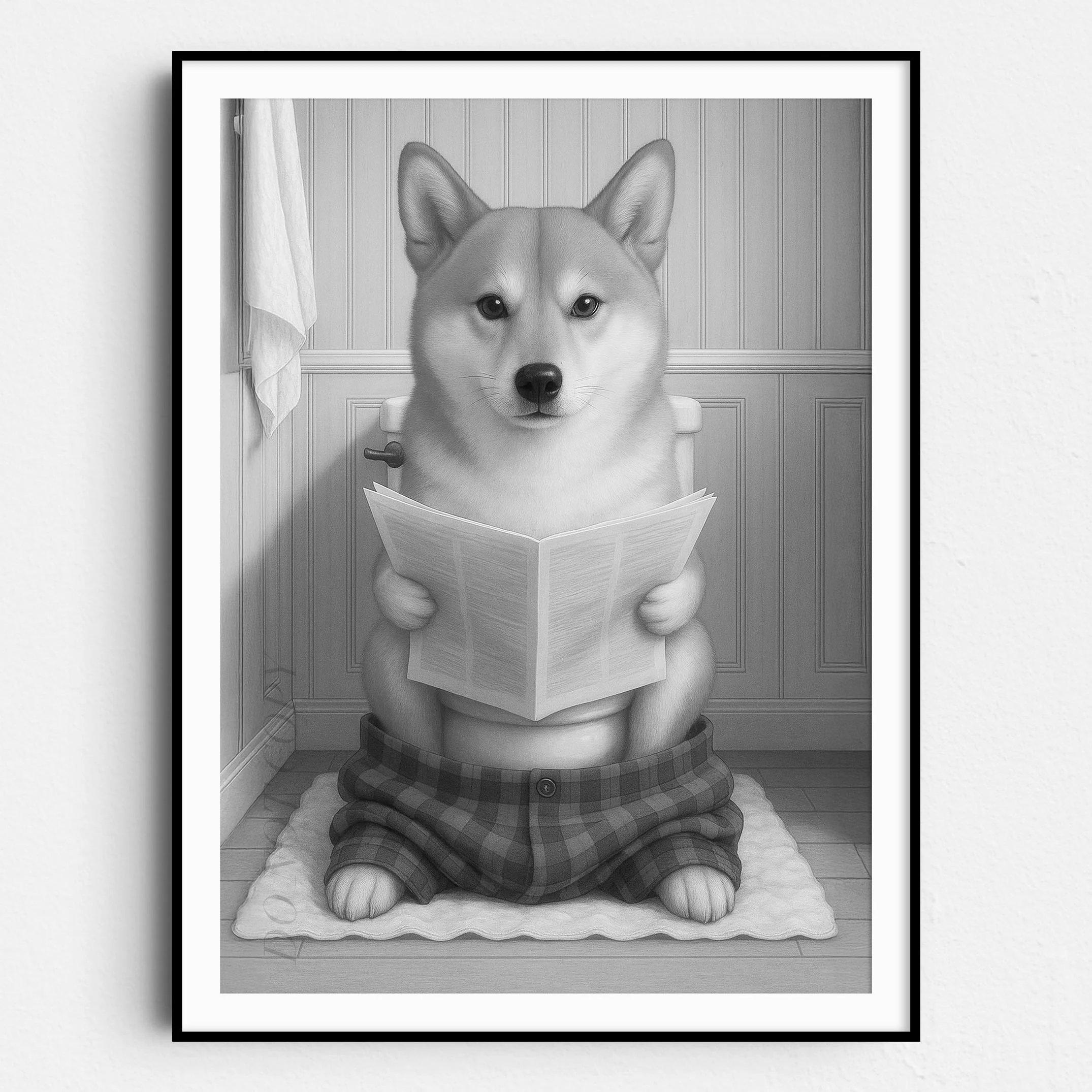 Shiba Inu Dog Reading The Newspaper On The Toilet