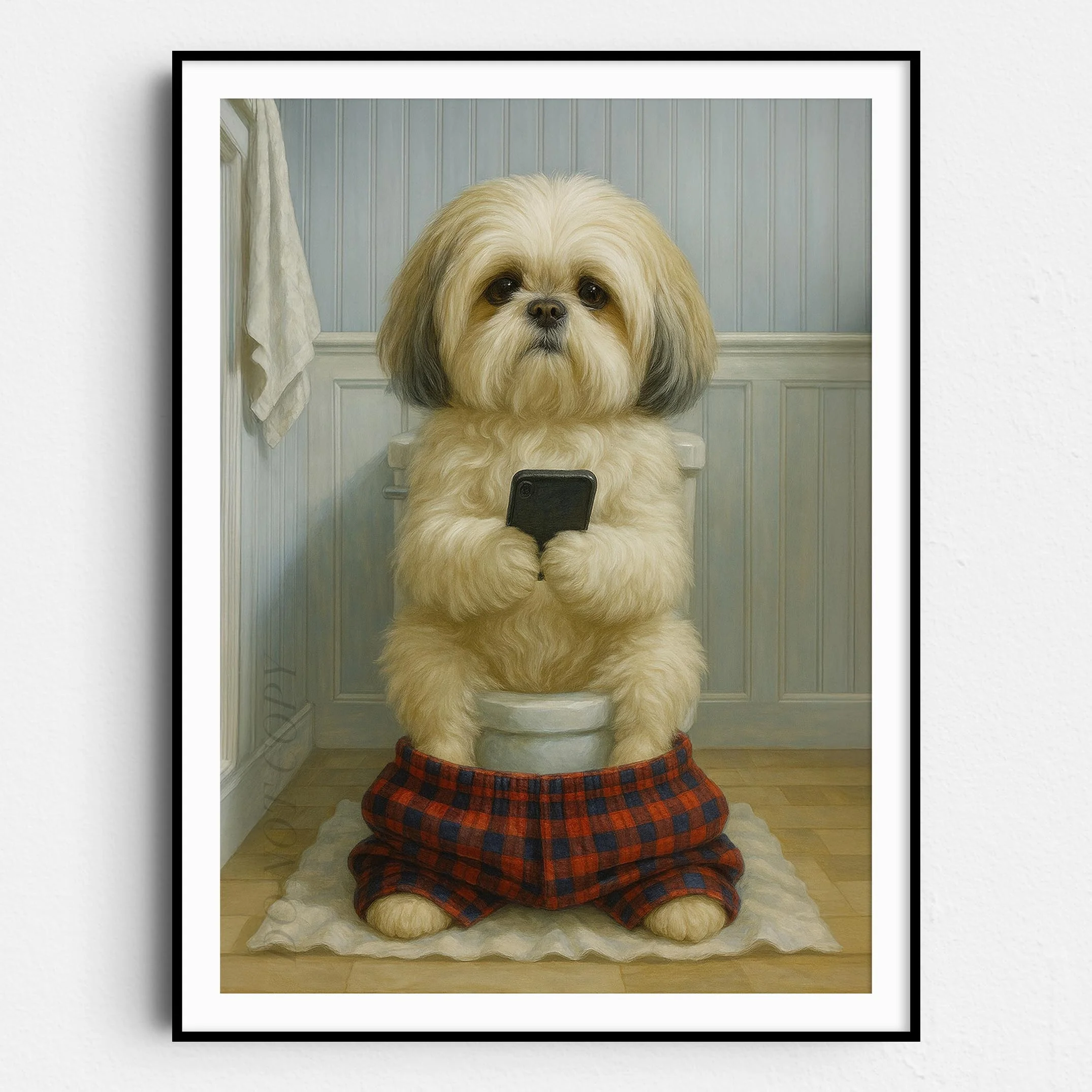 Shih Tzu Dog On The Phone On The Toilet