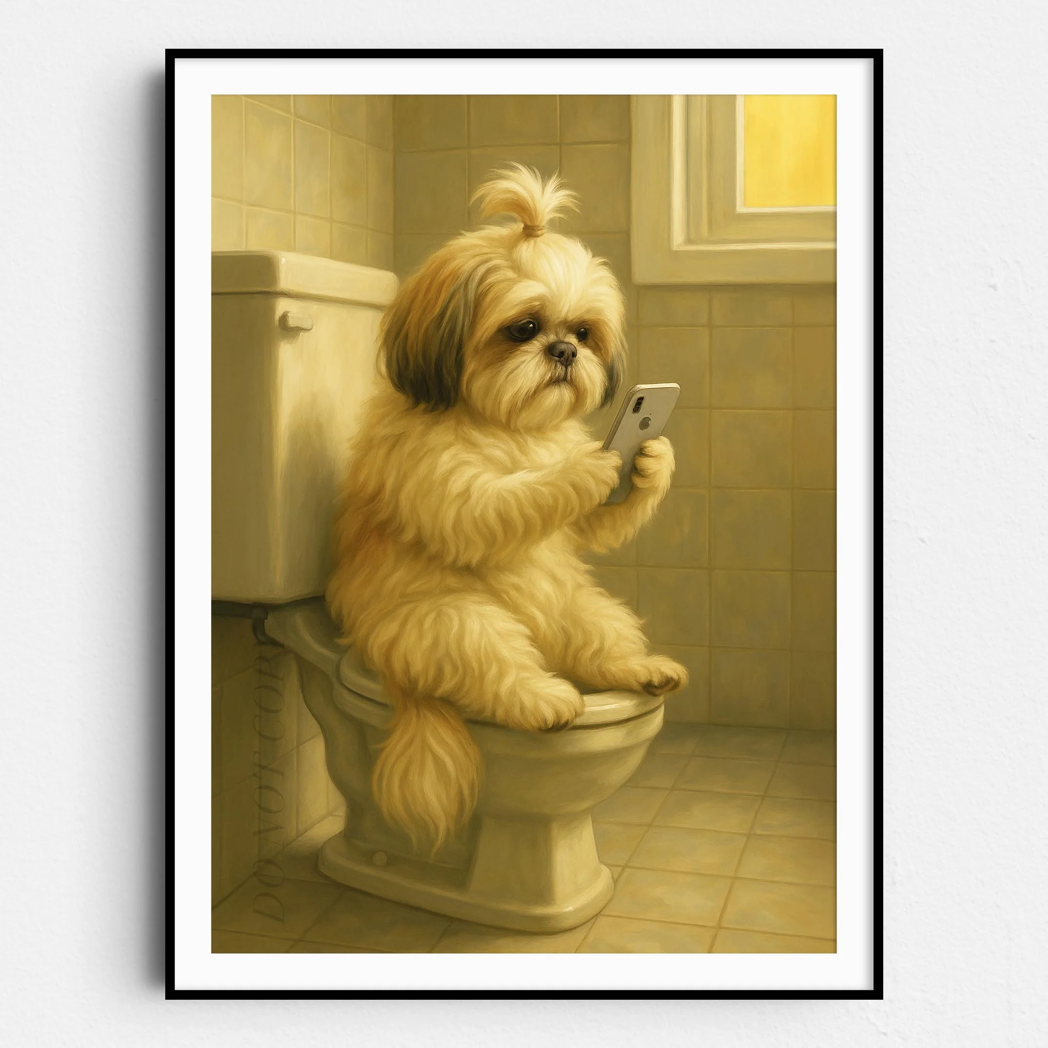 Shih Tzu Dog On The Phone On The Toilet