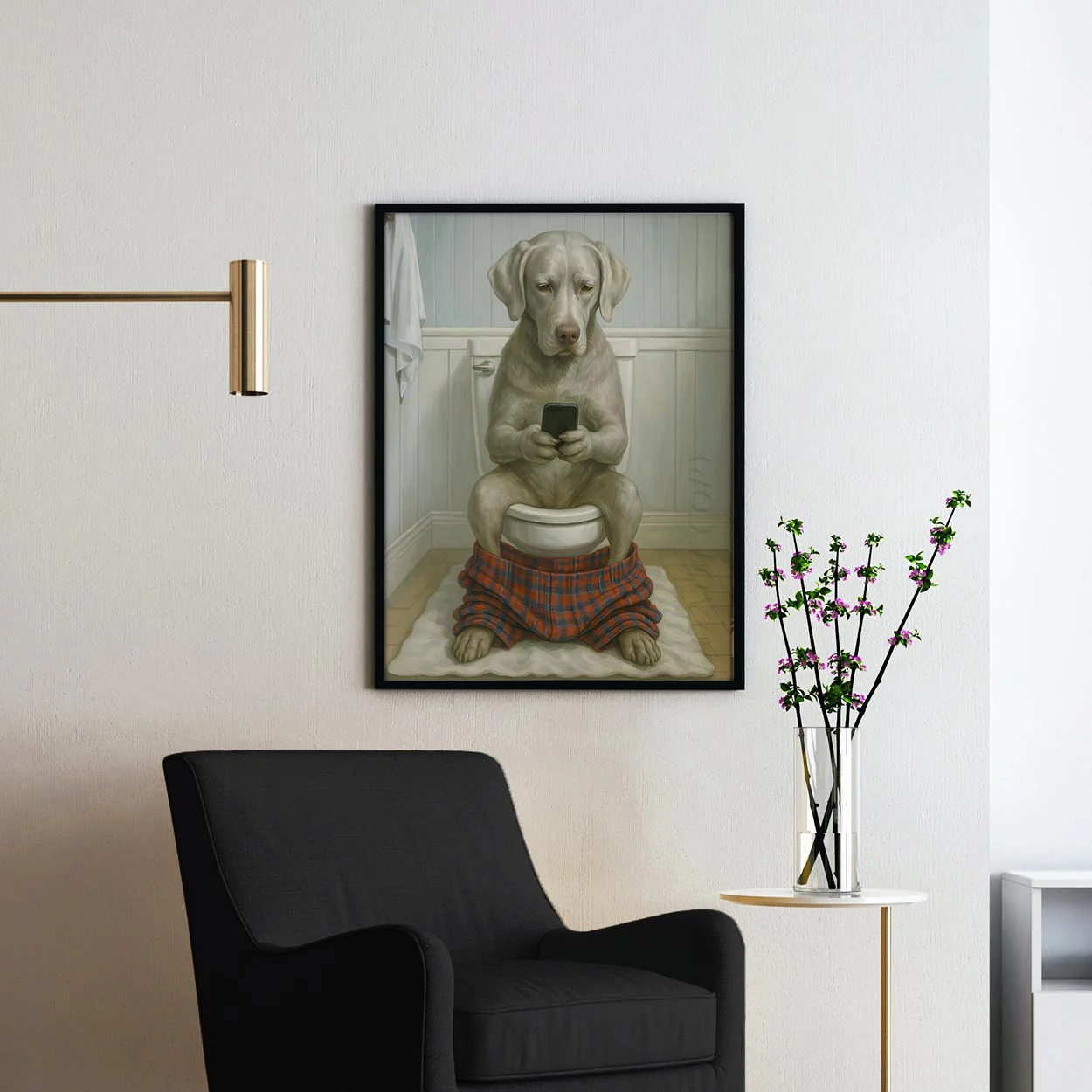 Silver Labrador Retriever Dog On The Phone On The Toilet - Image 2