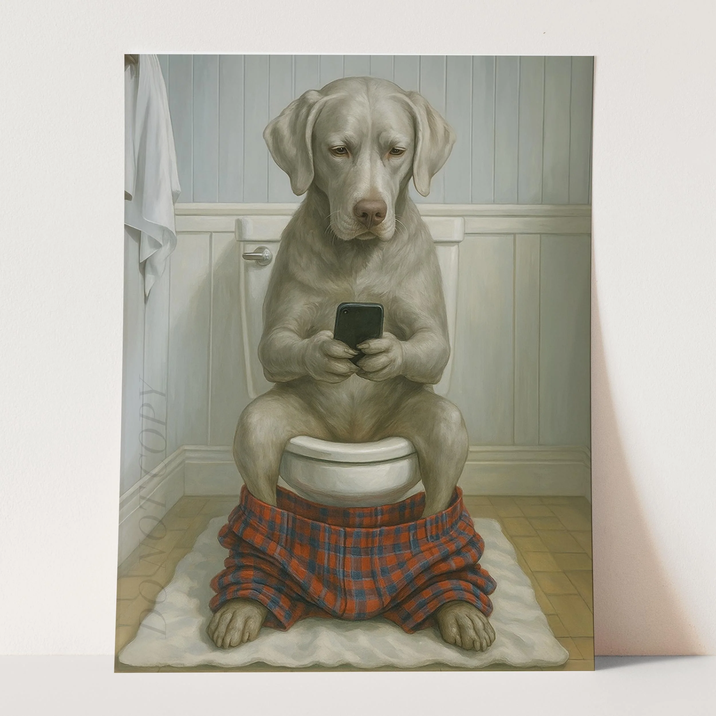 Silver Labrador Retriever Dog On The Phone On The Toilet - Image 3
