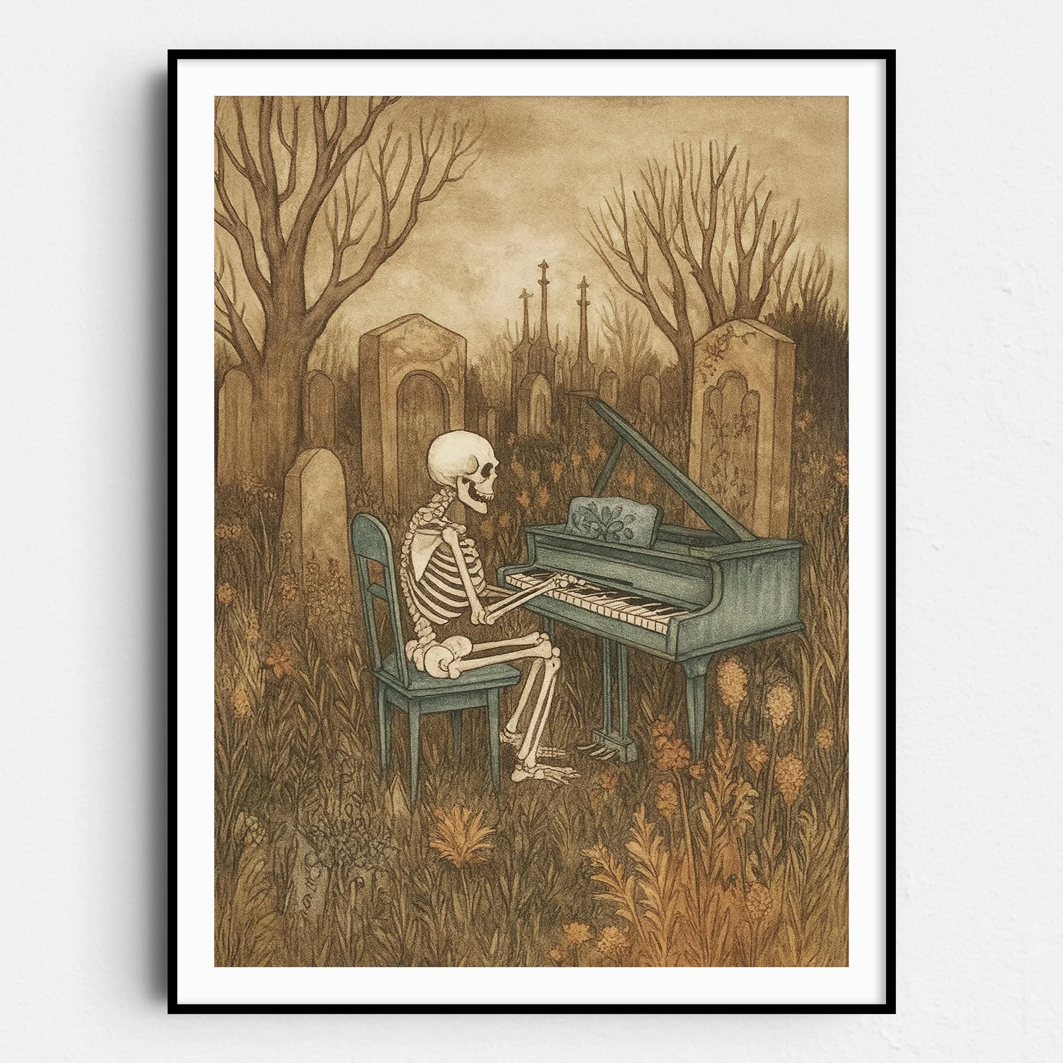 Skeleton Playing The Piano In A Graveyard