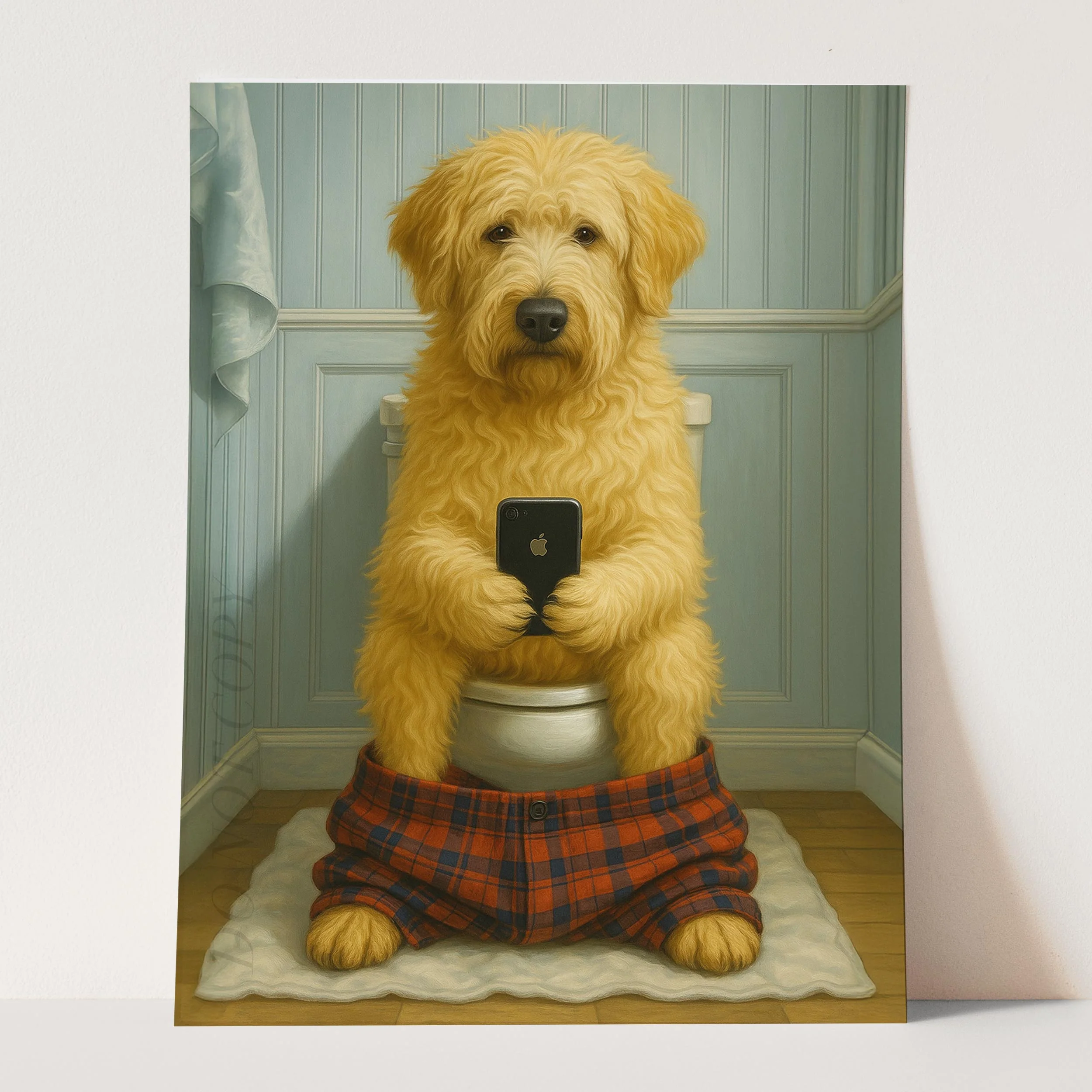 Soft Coated Wheaten Terrier Dog On The Phone On The Toilet - Image 3