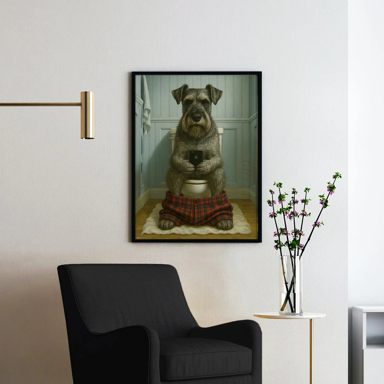 Standard Schnauzer Dog On The Phone On The Toilet - Image 2