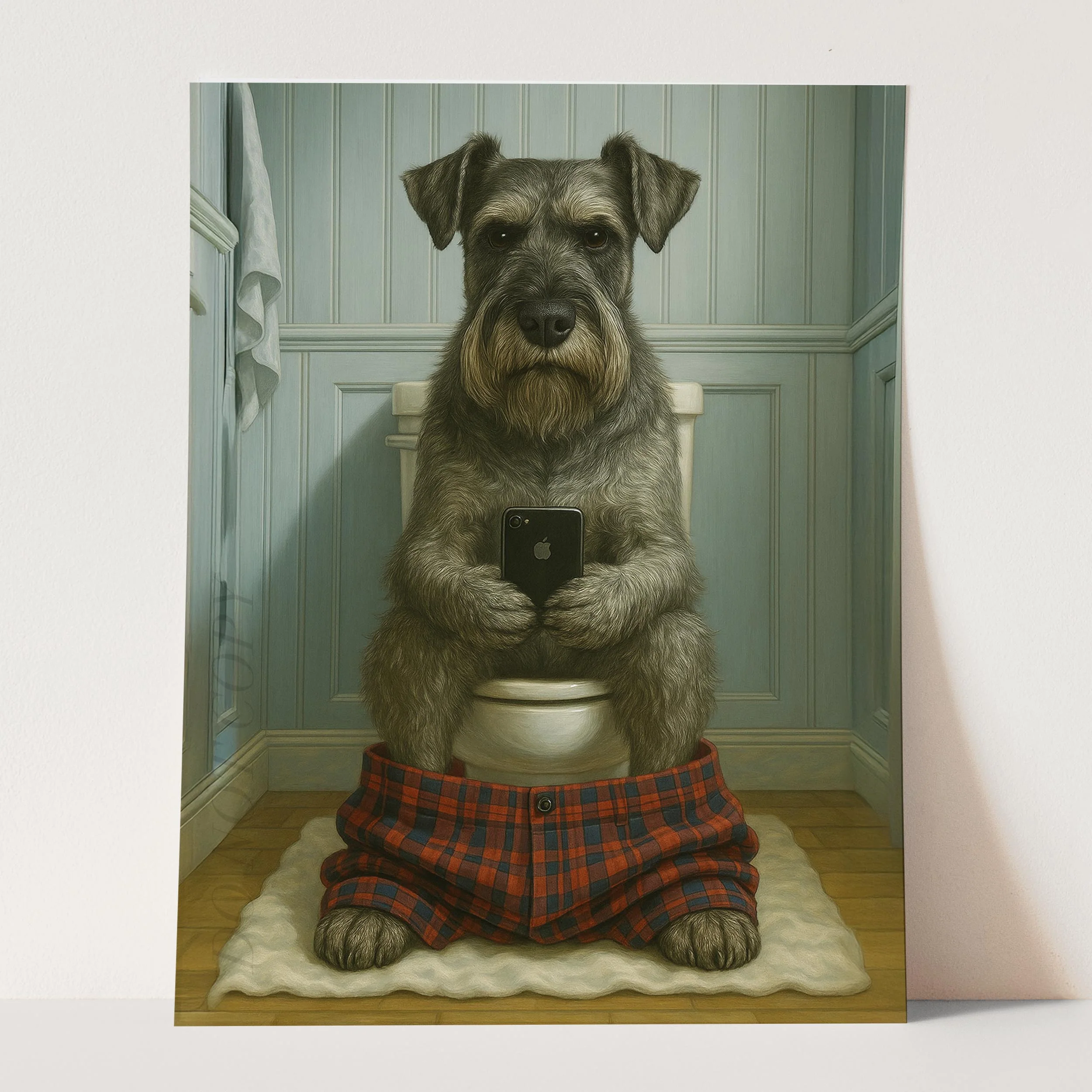 Standard Schnauzer Dog On The Phone On The Toilet - Image 3