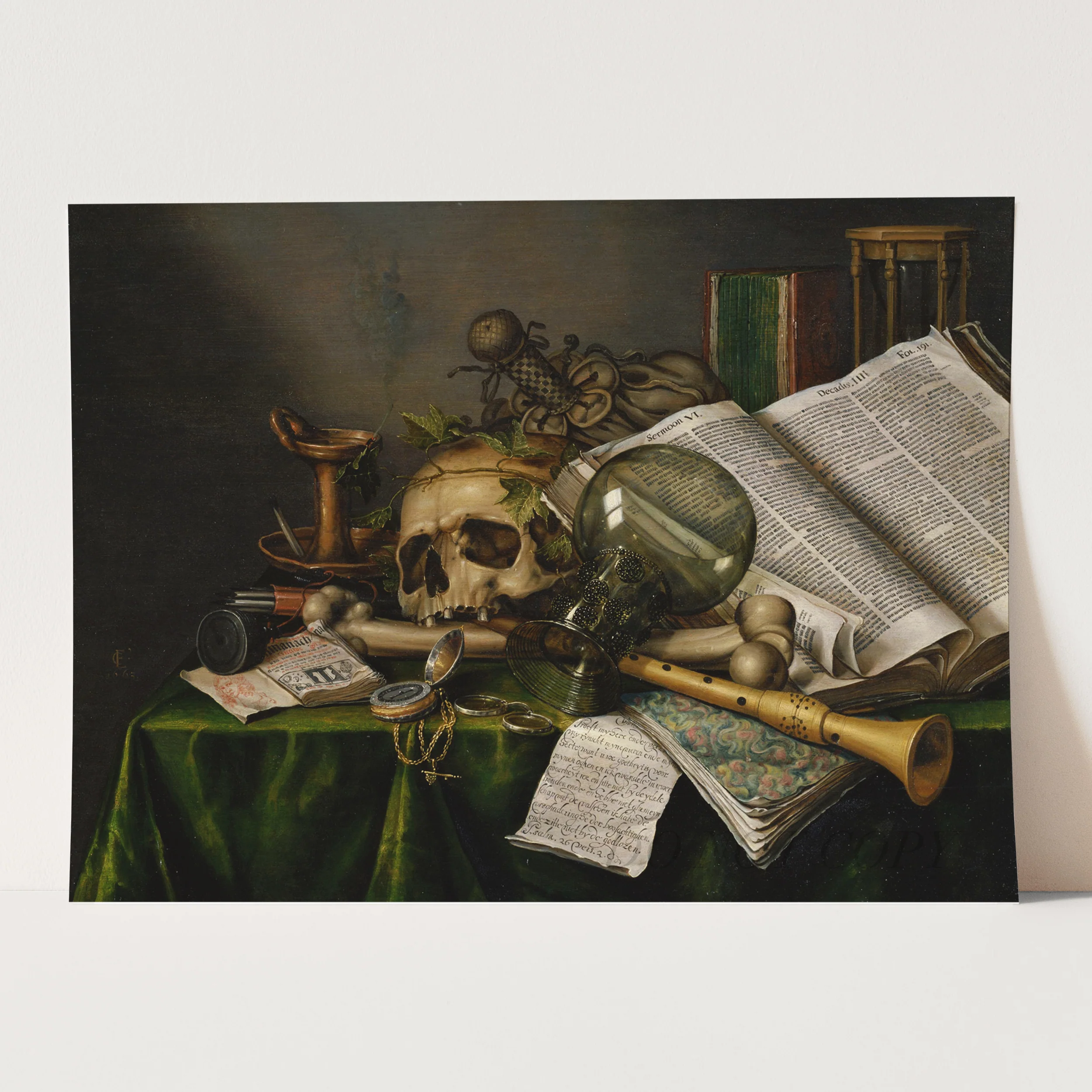 Vanitas Still Life with Books, Manuscripts and a Skull by Edwaert Collier - Image 3