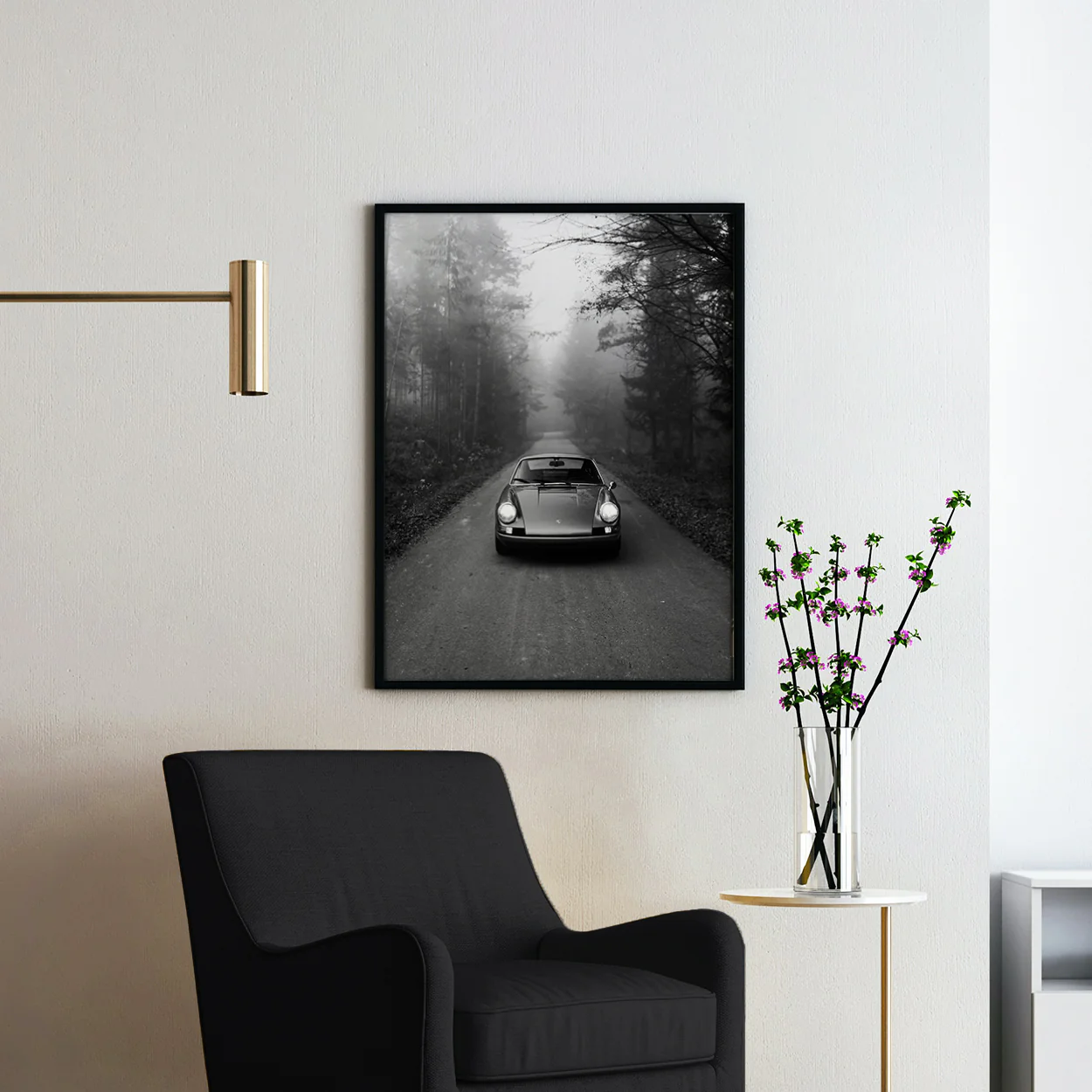 Vintage Blue Porsche in the Mist in Black & White - Image 2