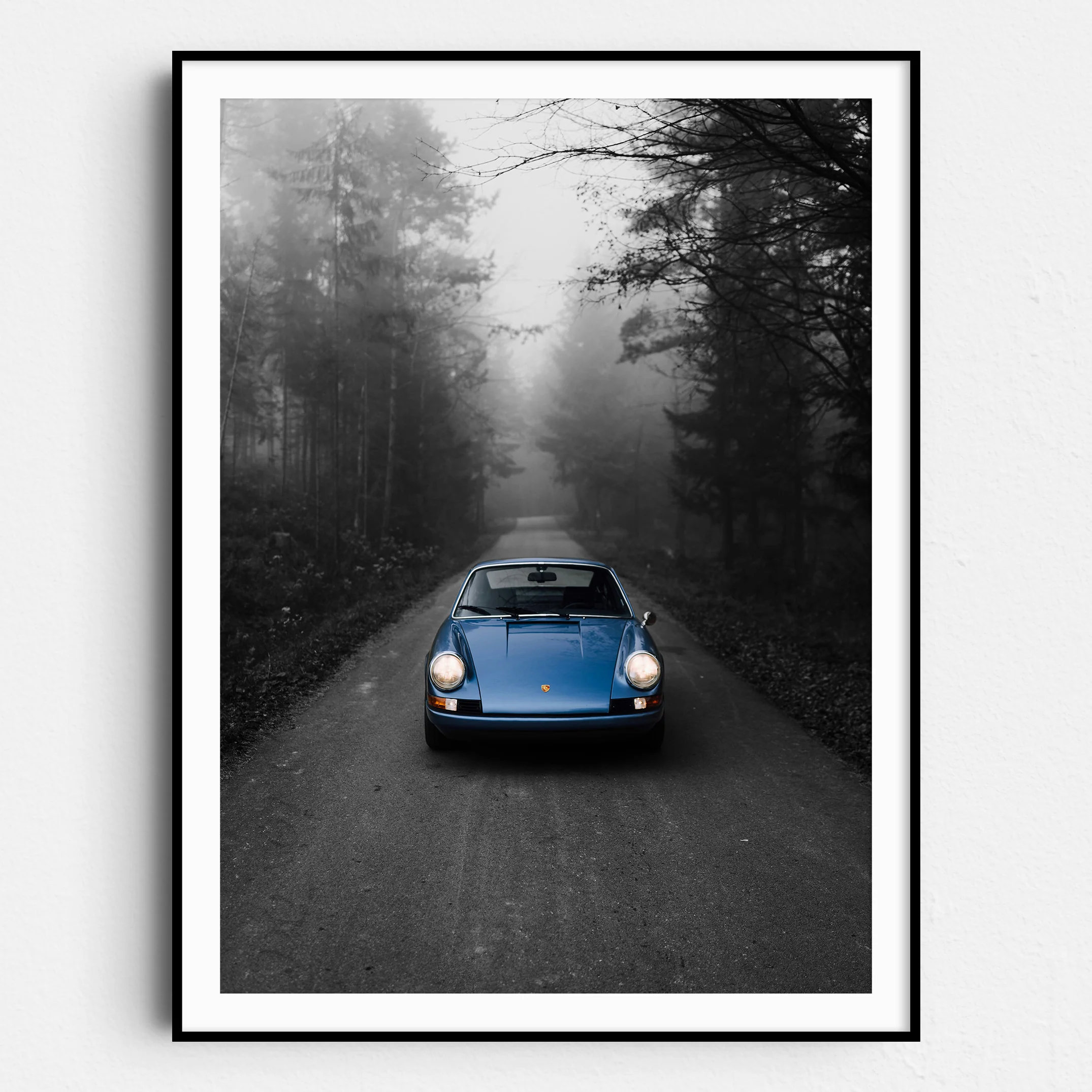 Vintage Blue Porsche in the Mist on Black & White