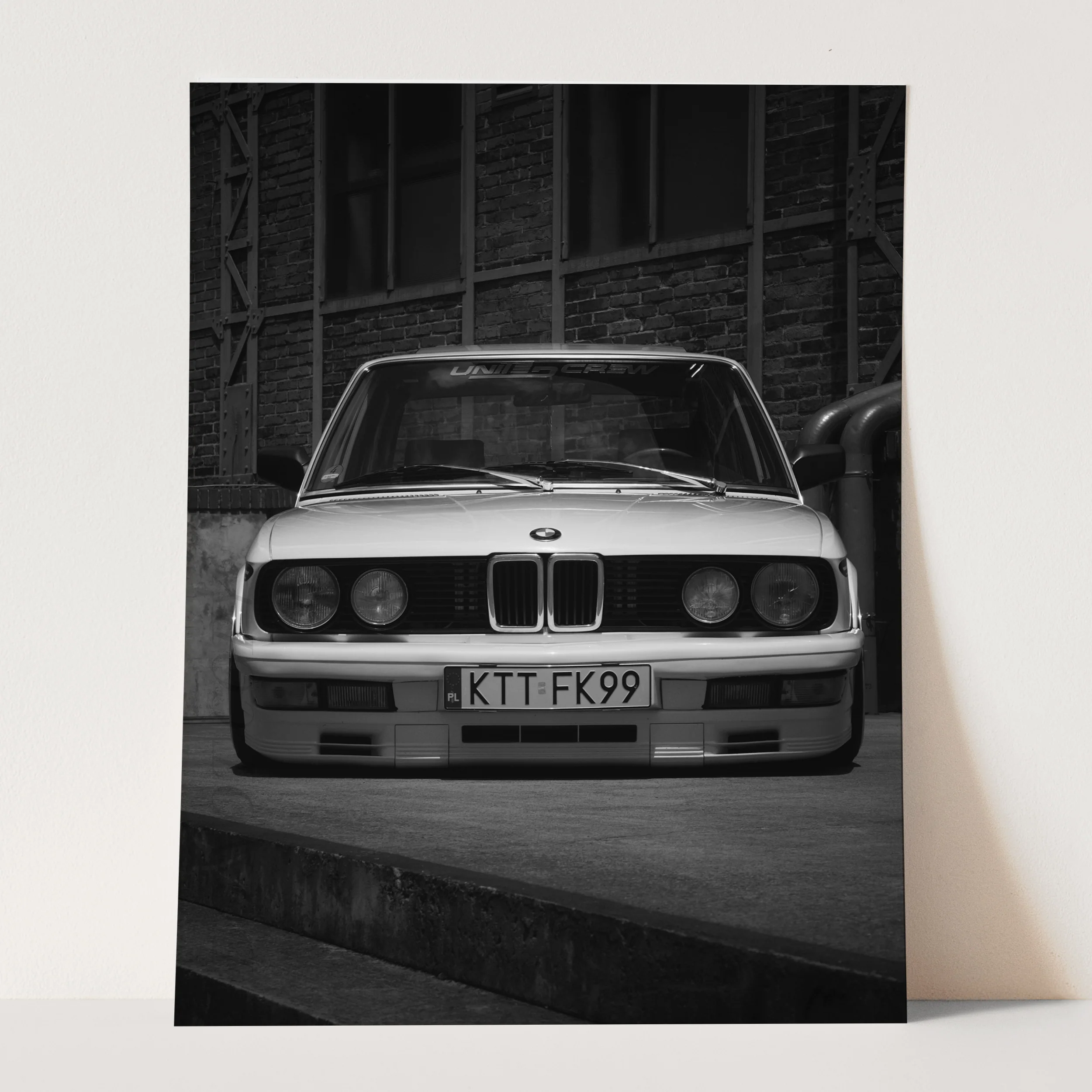 Vintage BMW Front View in Black & White - Image 3
