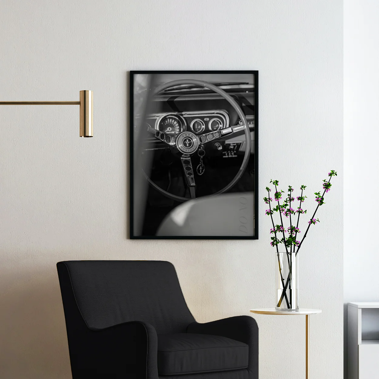 Vintage Ford Mustang Interior in Black & White - Image 2