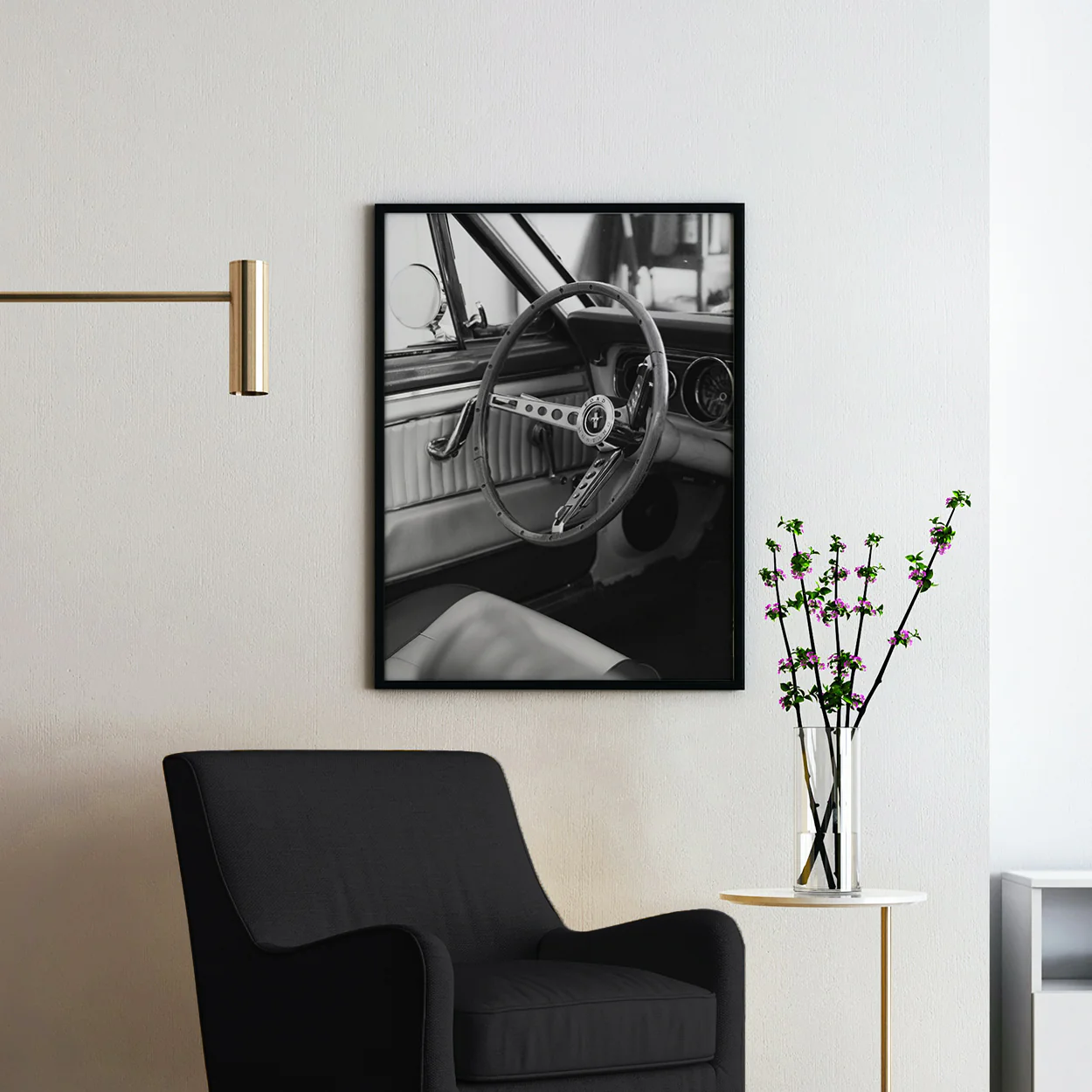 Vintage Ford Mustang Interior in Black & White - Image 2