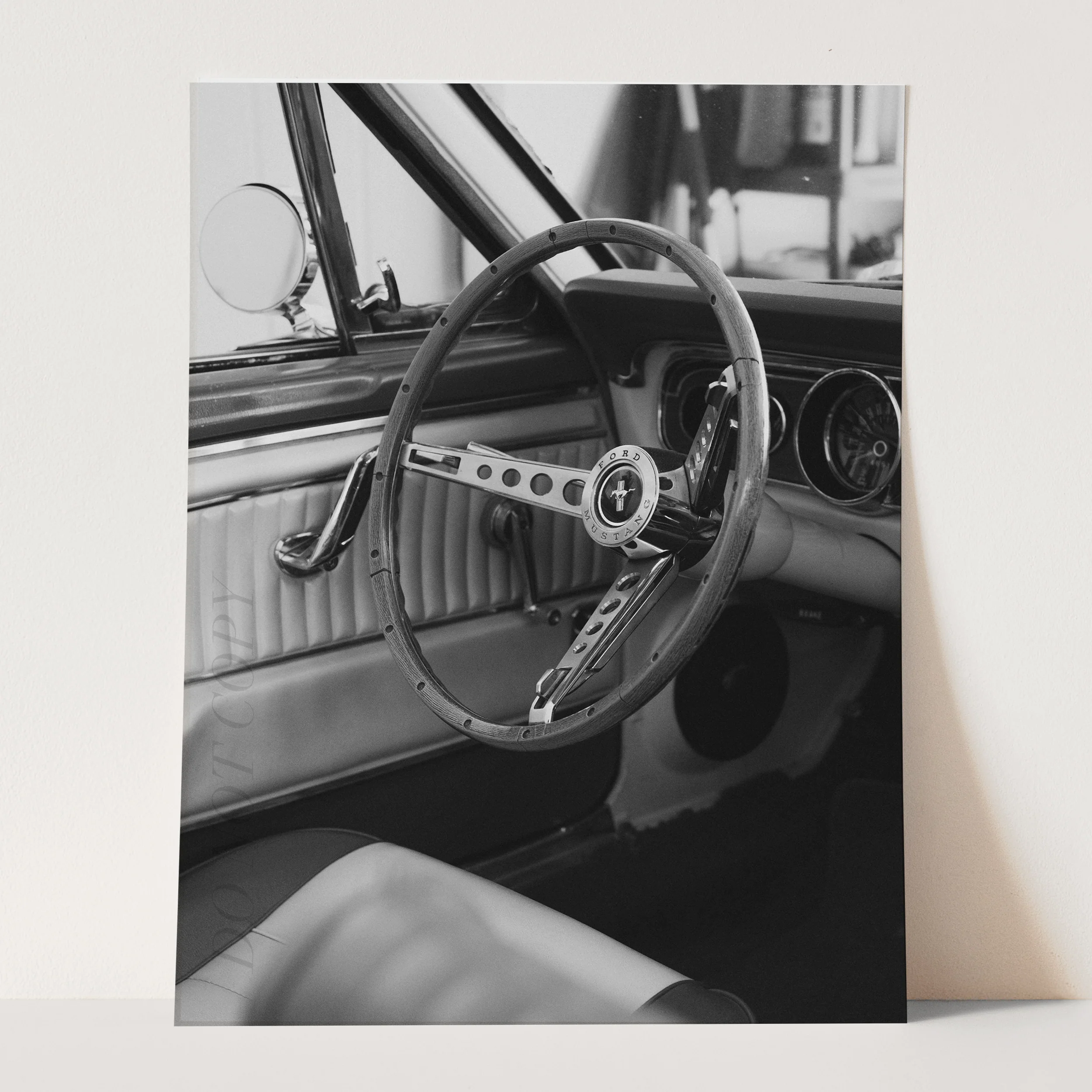 Vintage Ford Mustang Interior in Black & White - Image 3