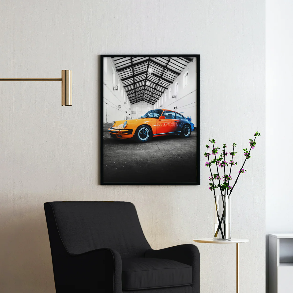 Vintage Orange Porsche 911 on Black & White - Image 2
