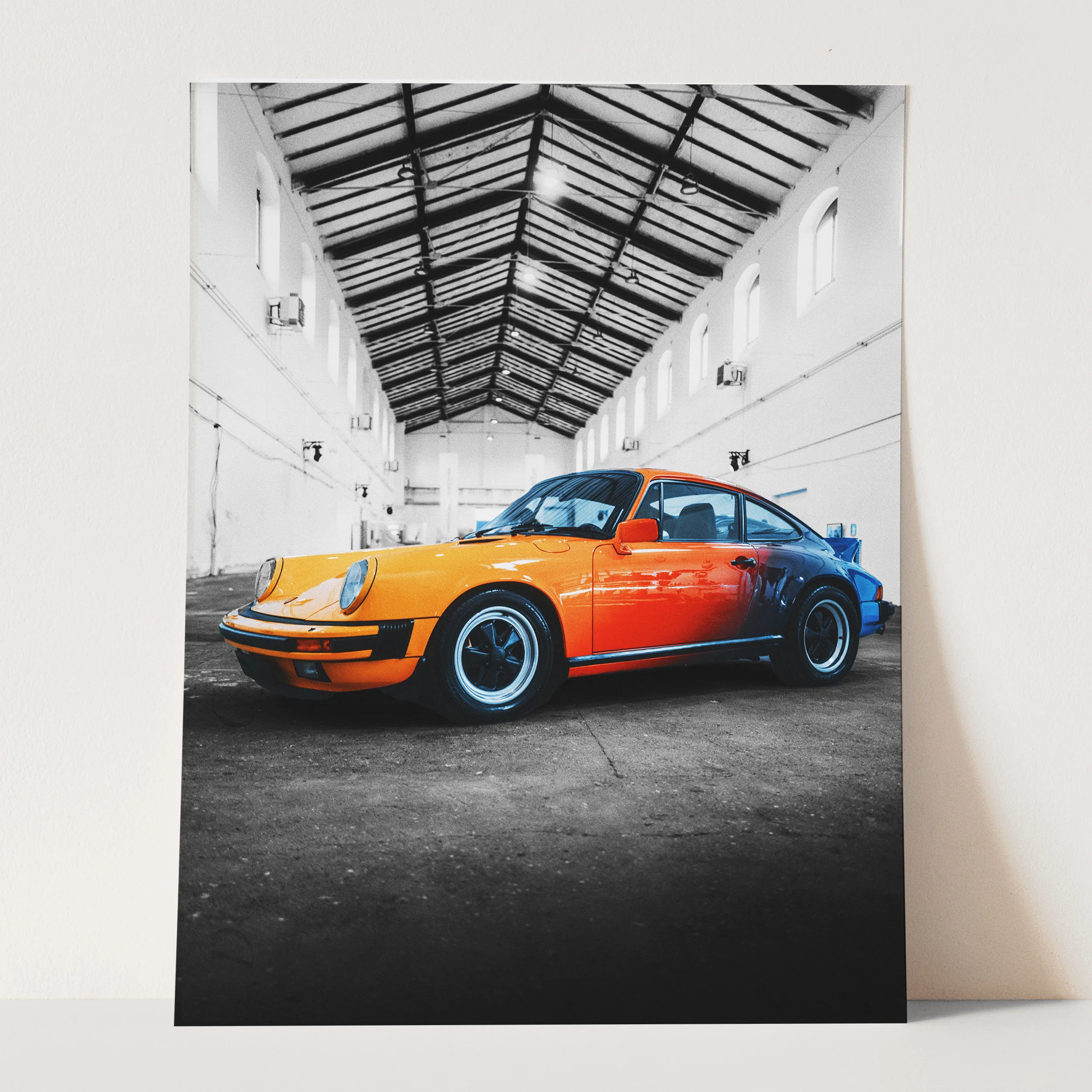 Vintage Orange Porsche 911 on Black & White - Image 3