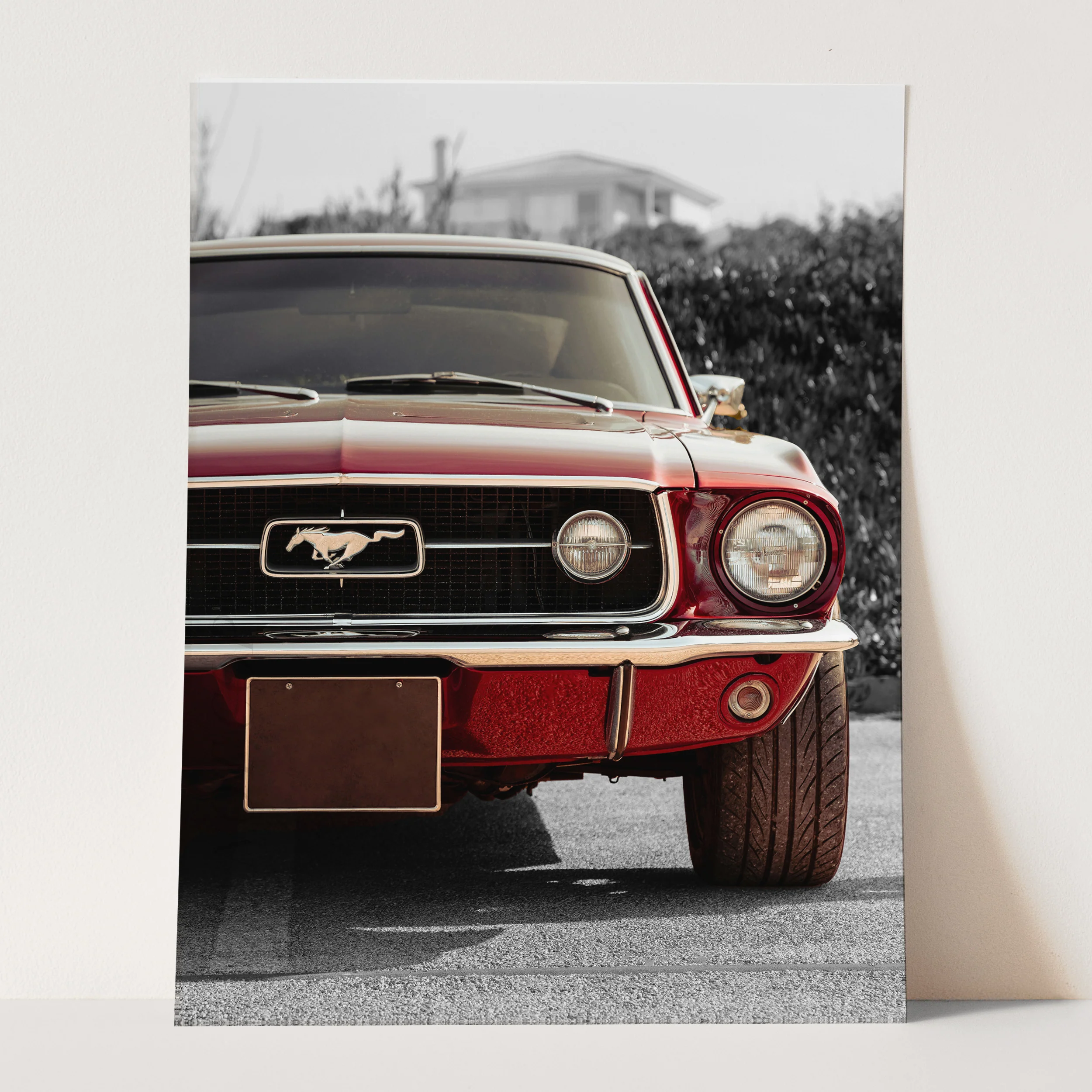 Vintage Red Ford Mustang on Black & White - Image 3
