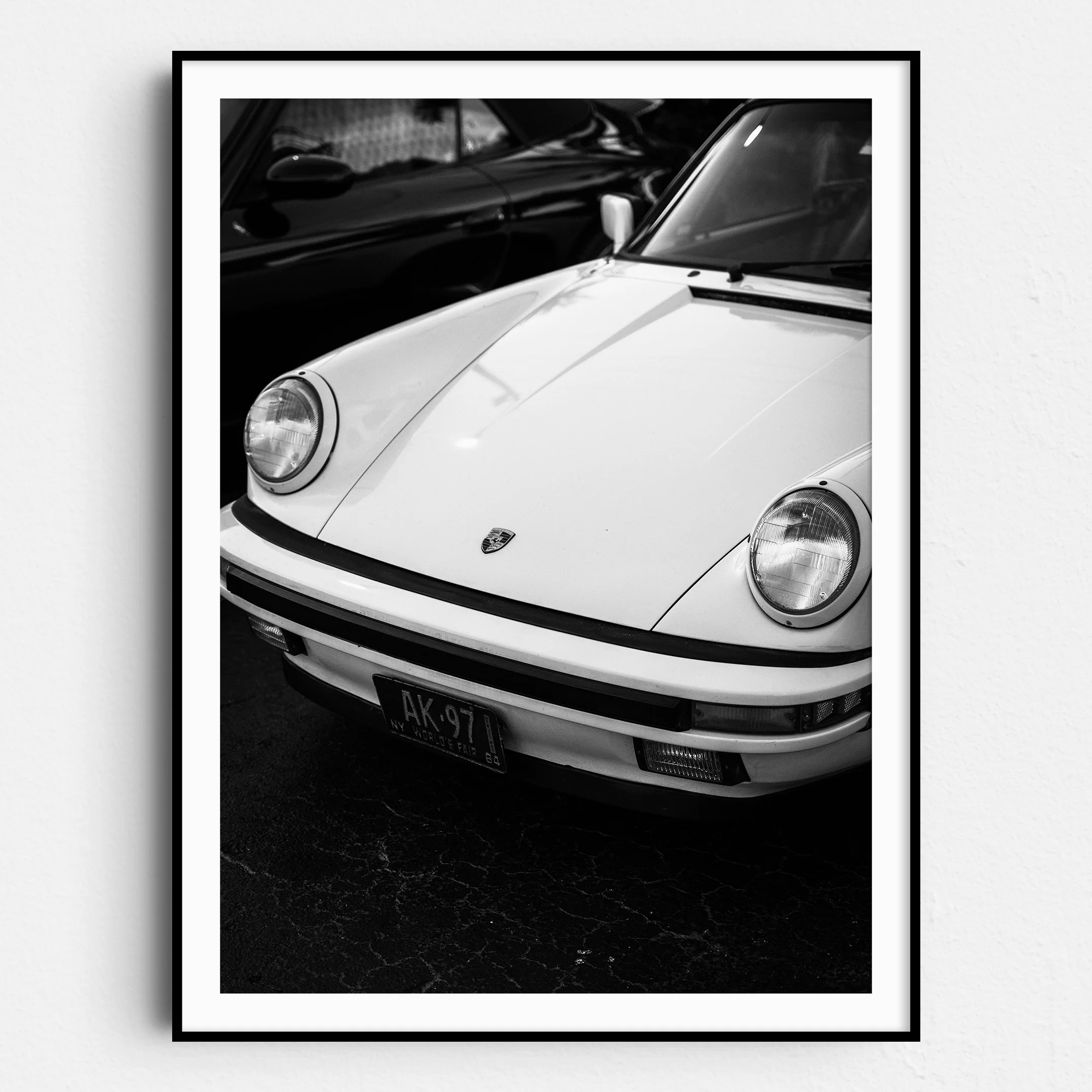 Vintage White Porsche 911 Lights in Black & White