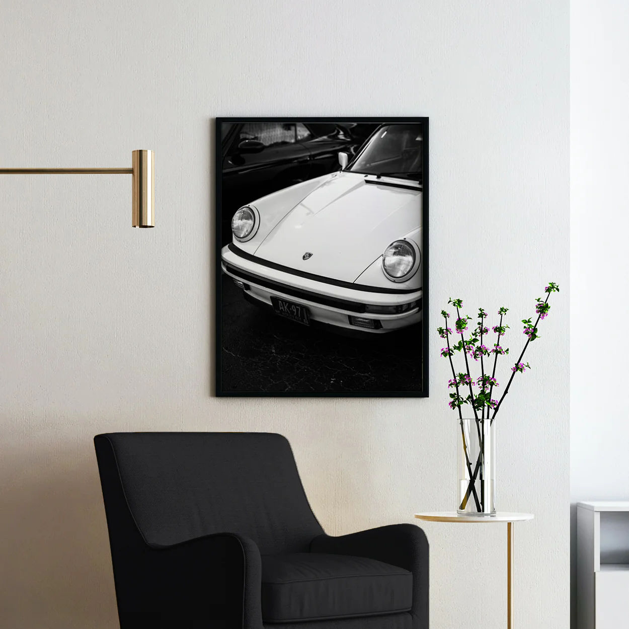Vintage White Porsche 911 Lights in Black & White - Image 2