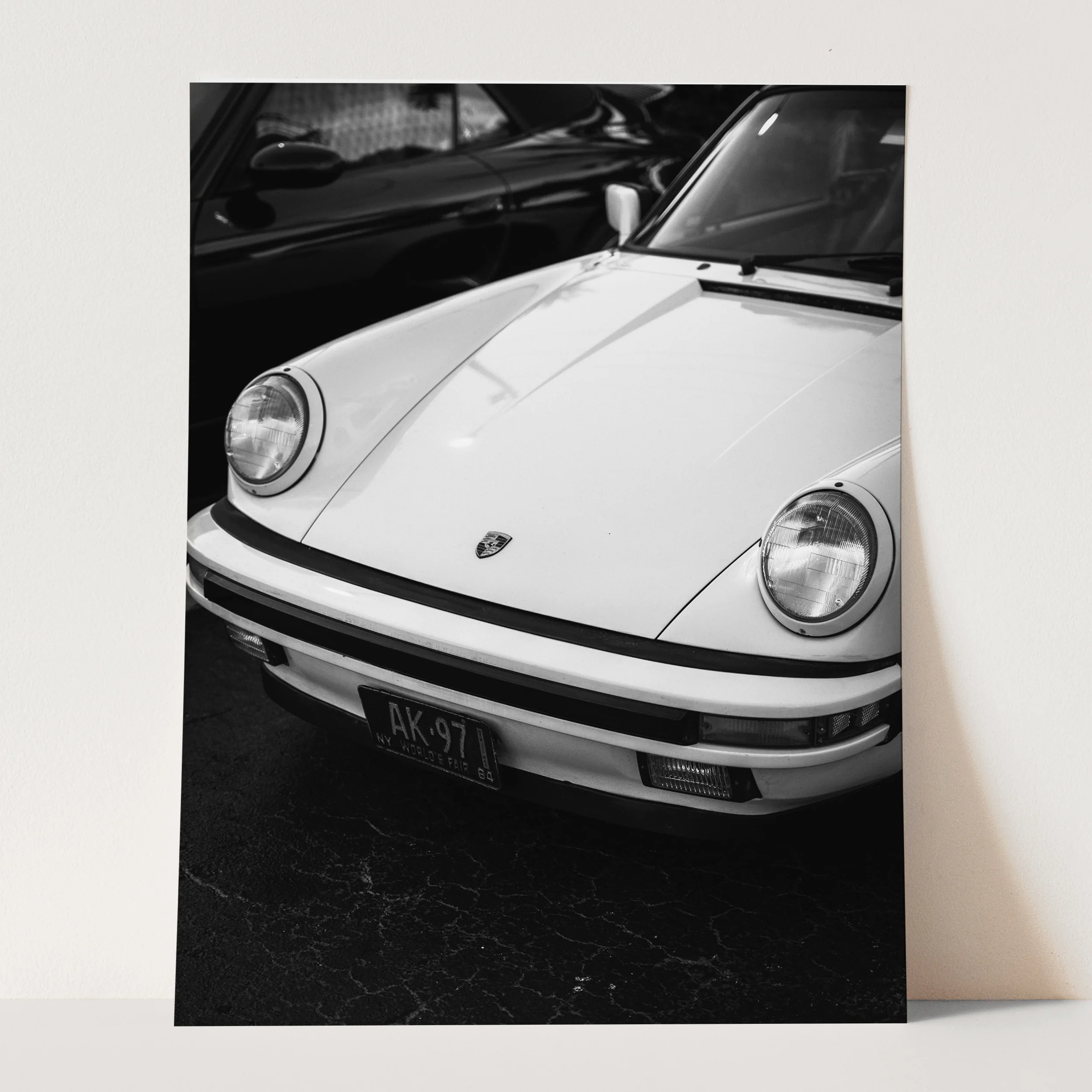 Vintage White Porsche 911 Lights in Black & White - Image 3