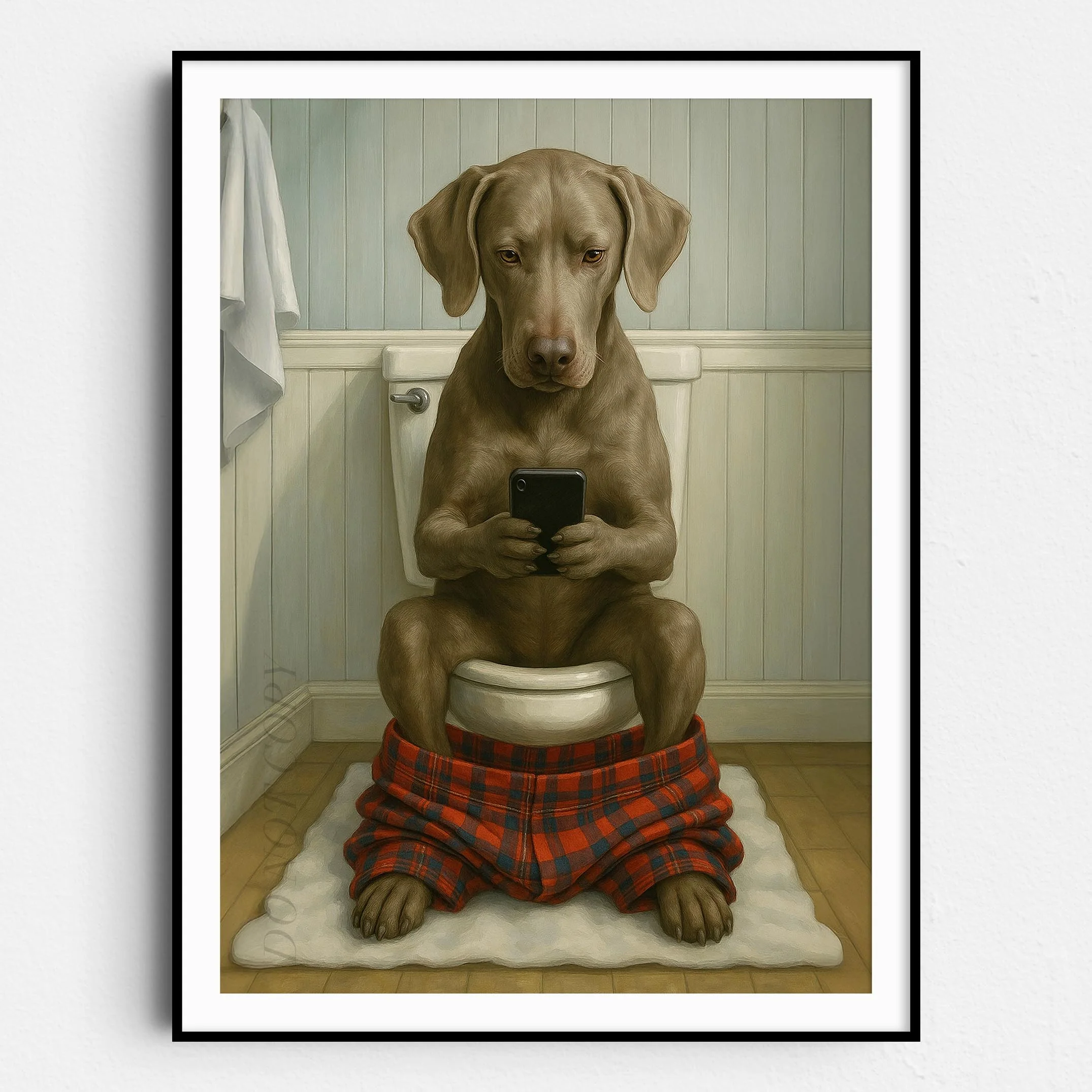 Weimaraner Dog On The Phone On The Toilet