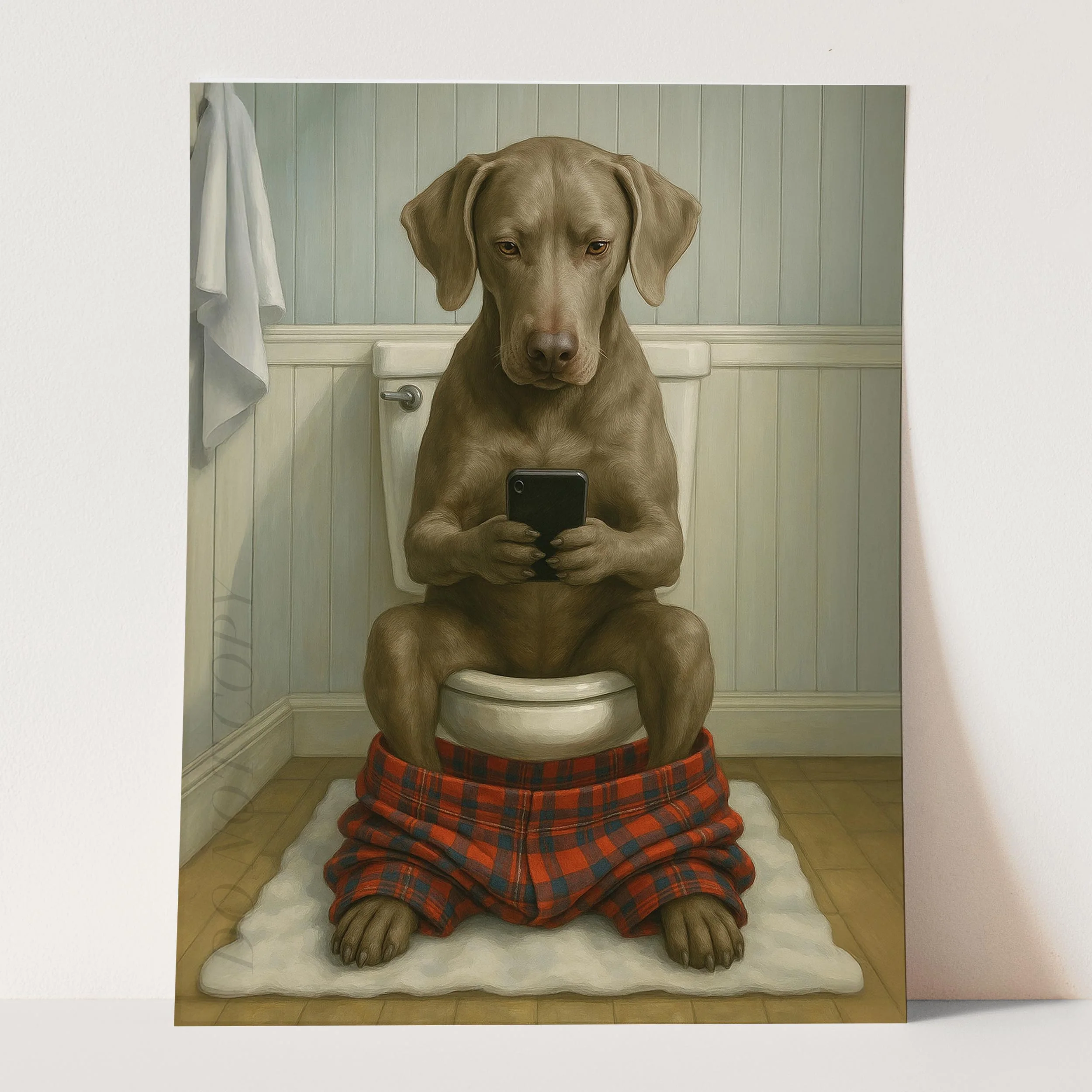 Weimaraner Dog On The Phone On The Toilet - Image 3