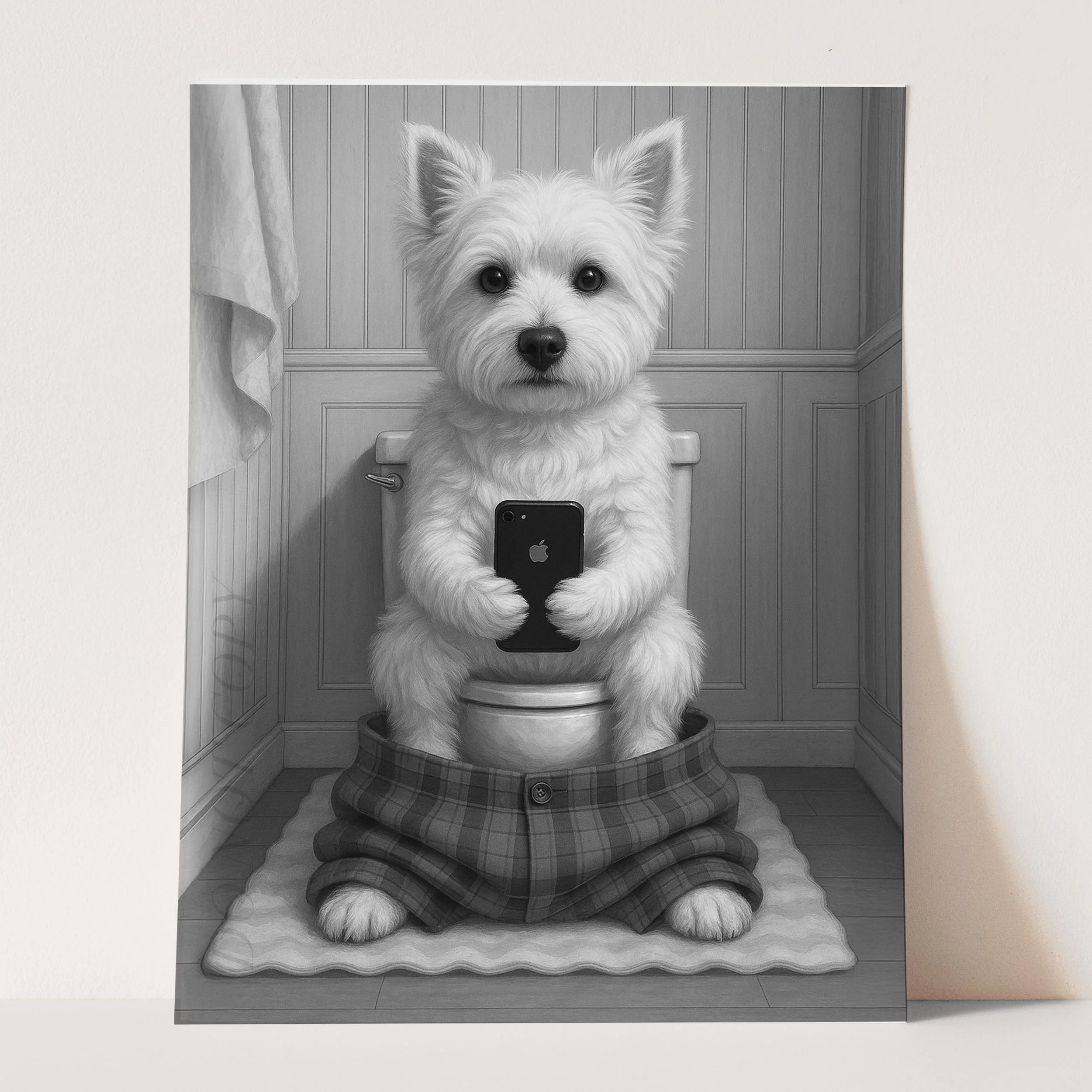 West Highland White Terrier Dog On The Phone On The Toilet - Image 3