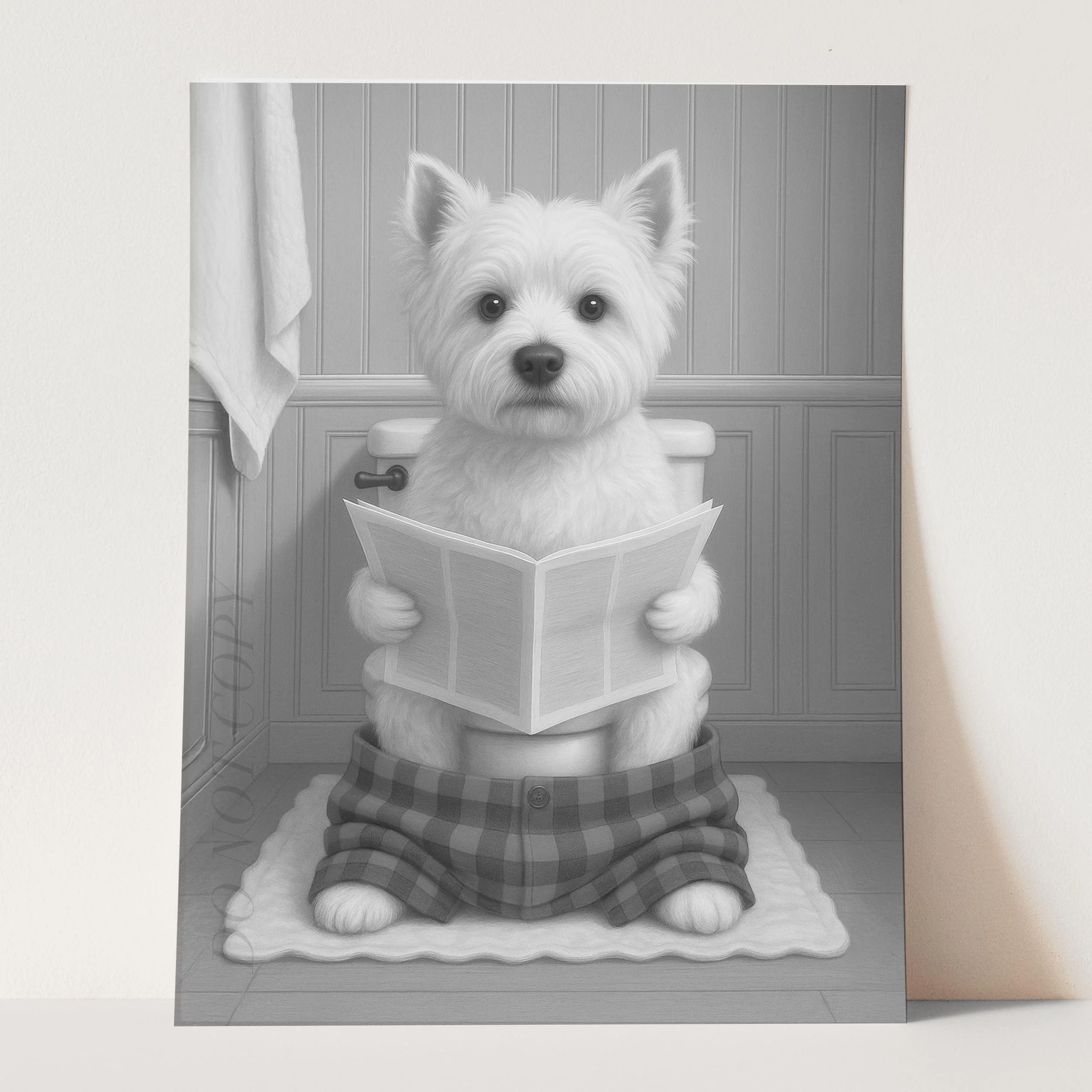 West Highland White Terrier Dog Reading The Newspaper On The Toilet - Image 3