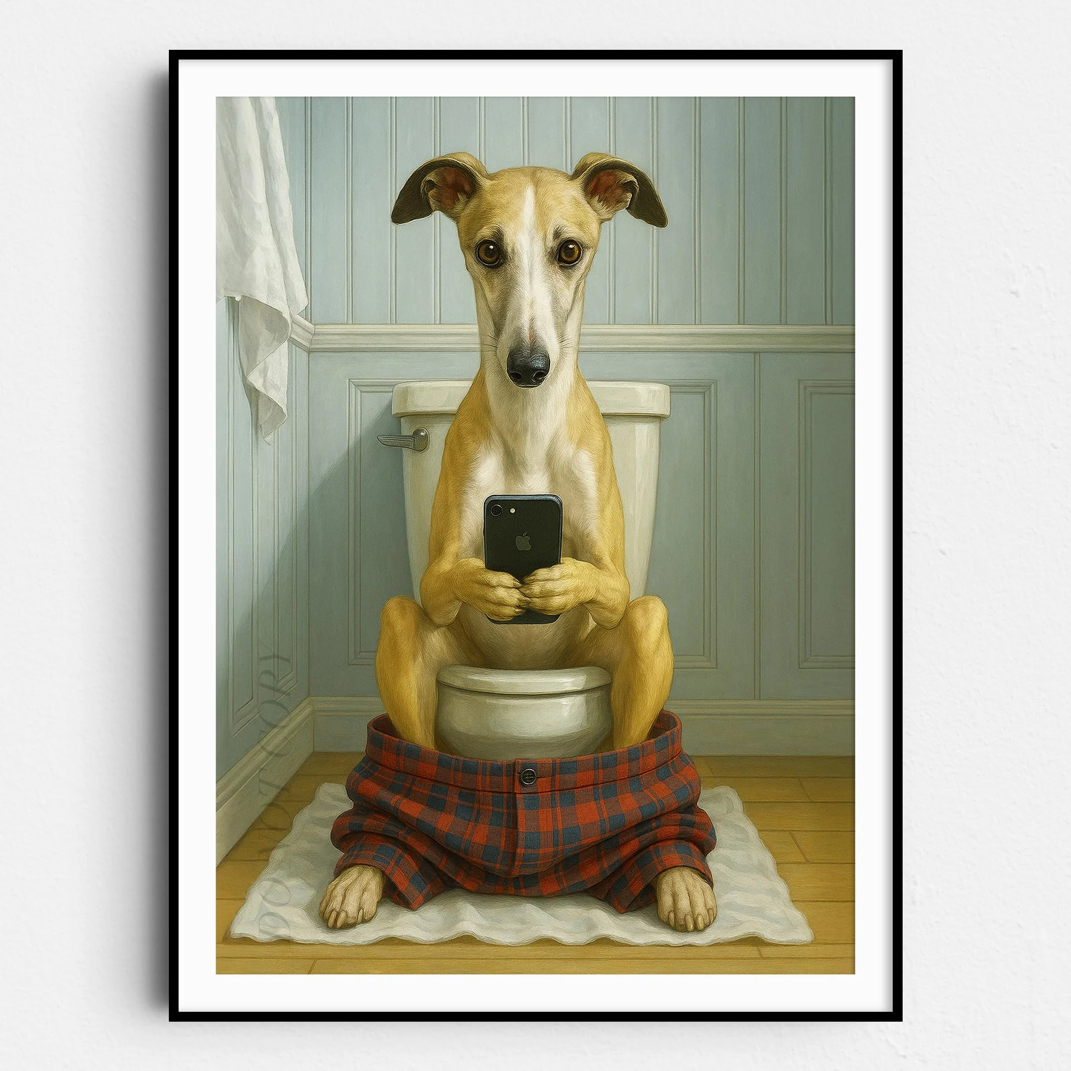 Whippet Dog On The Phone On The Toilet