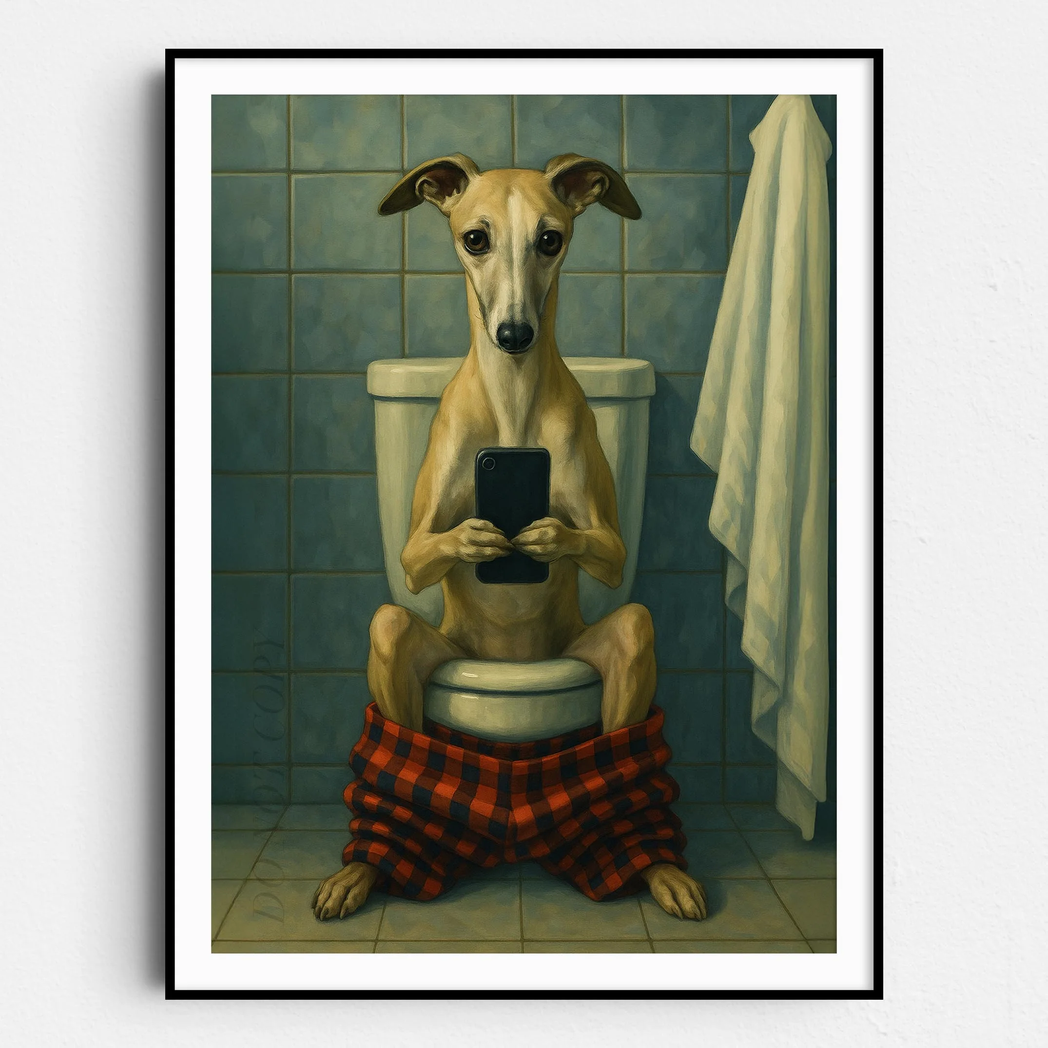 Whippet Dog On The Phone On The Toilet