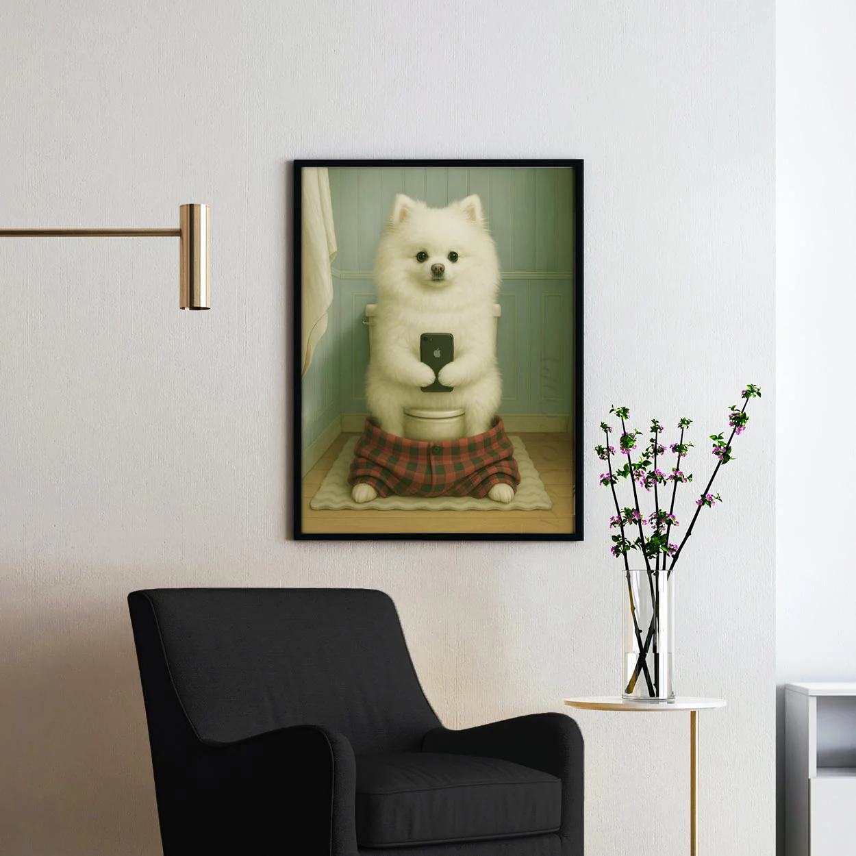 White Pomeranian Dog On The Phone On The Toilet - Image 2