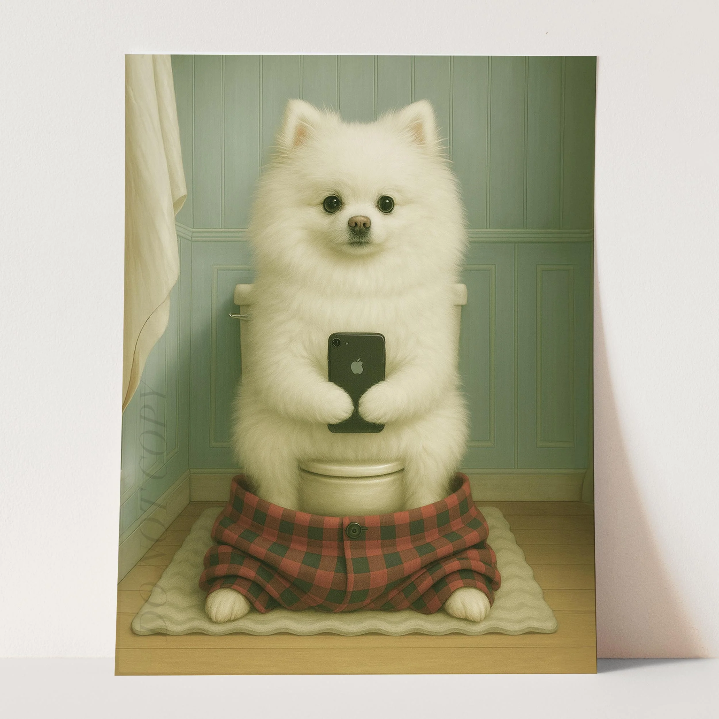 White Pomeranian Dog On The Phone On The Toilet - Image 3