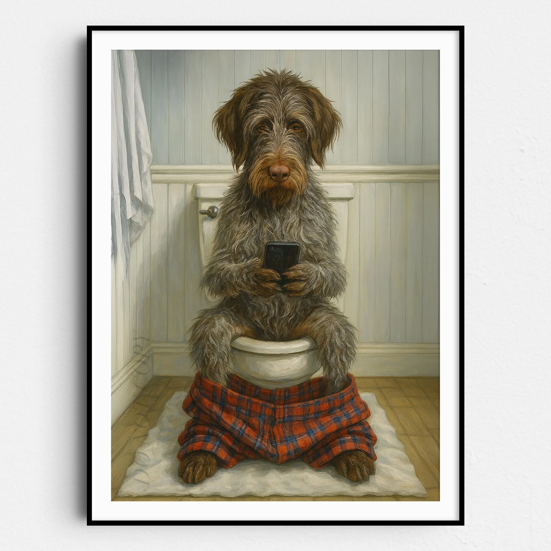 Wirehaired Pointing Griffon Dog On The Phone On The Toilet