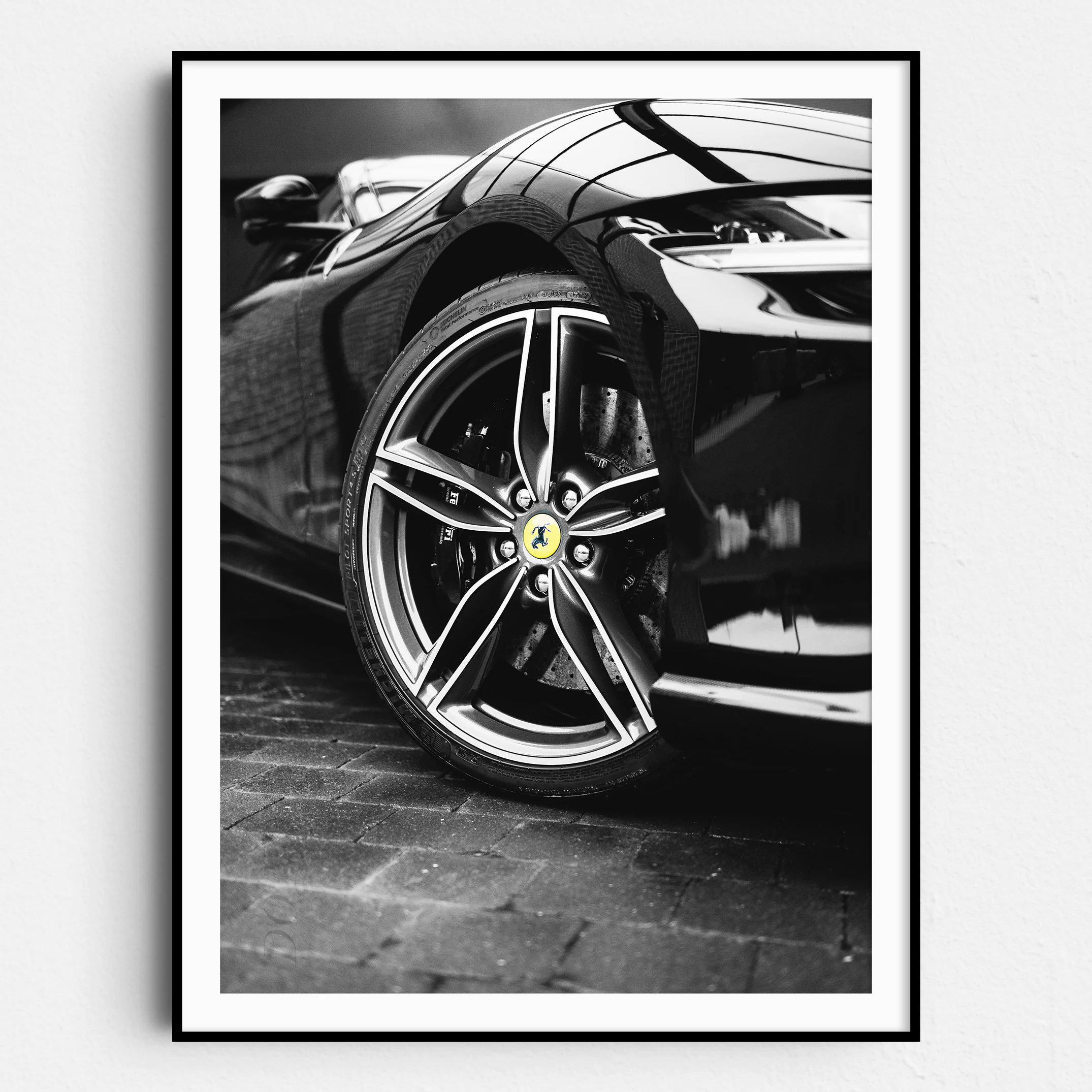 Yellow Ferrari Logo on Black & White