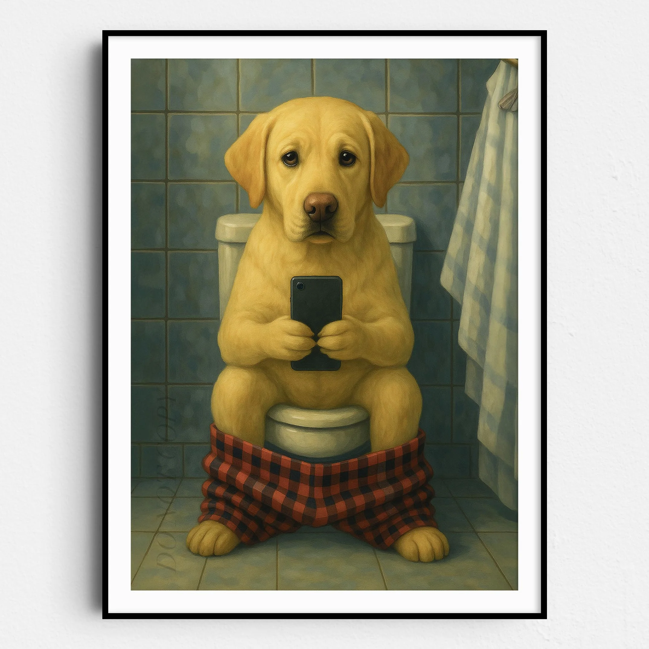 Yellow Labrador Retriever Dog On The Phone On The Toilet
