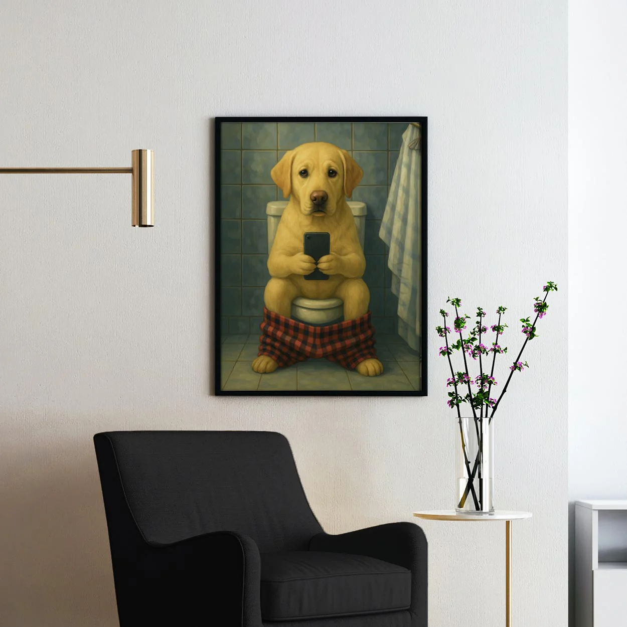 Yellow Labrador Retriever Dog On The Phone On The Toilet - Image 2