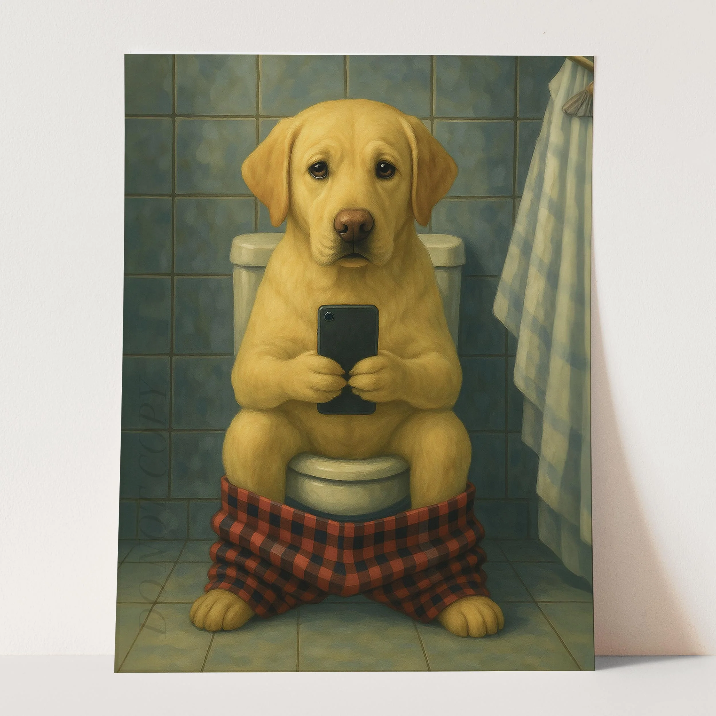 Yellow Labrador Retriever Dog On The Phone On The Toilet - Image 3
