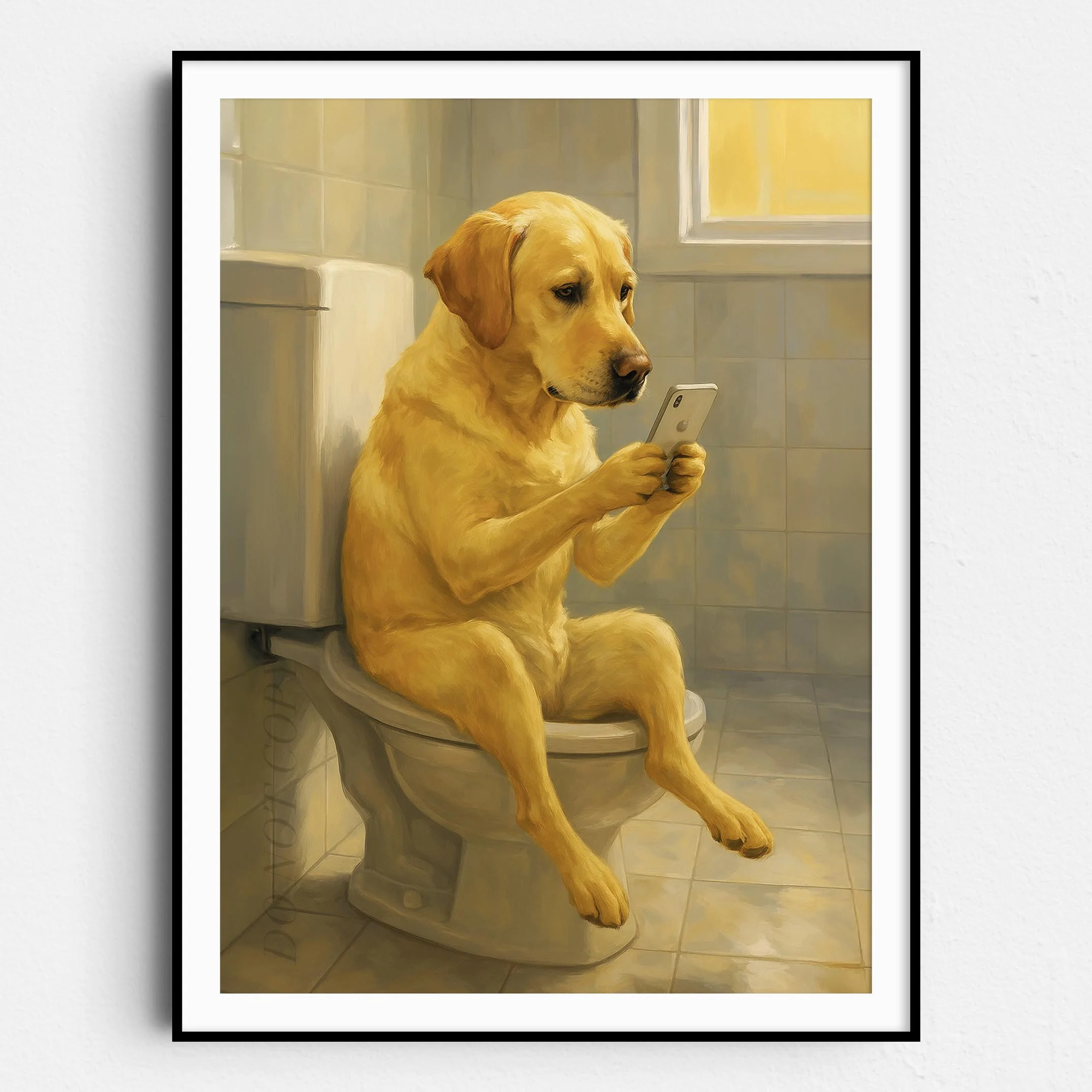 Yellow Labrador Retriever Dog On The Phone On The Toilet