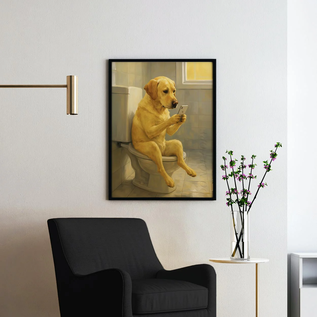 Yellow Labrador Retriever Dog On The Phone On The Toilet - Image 2