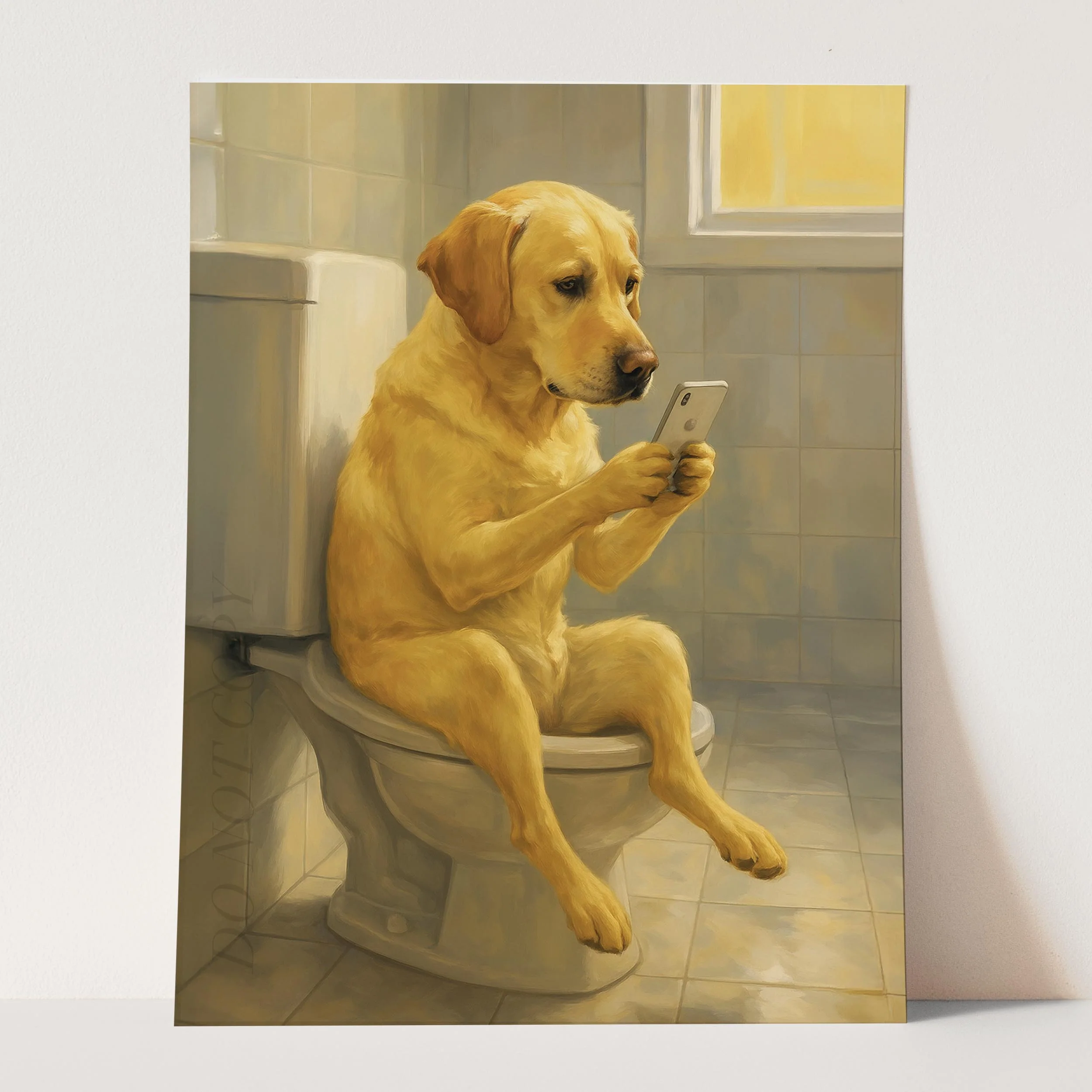 Yellow Labrador Retriever Dog On The Phone On The Toilet - Image 3