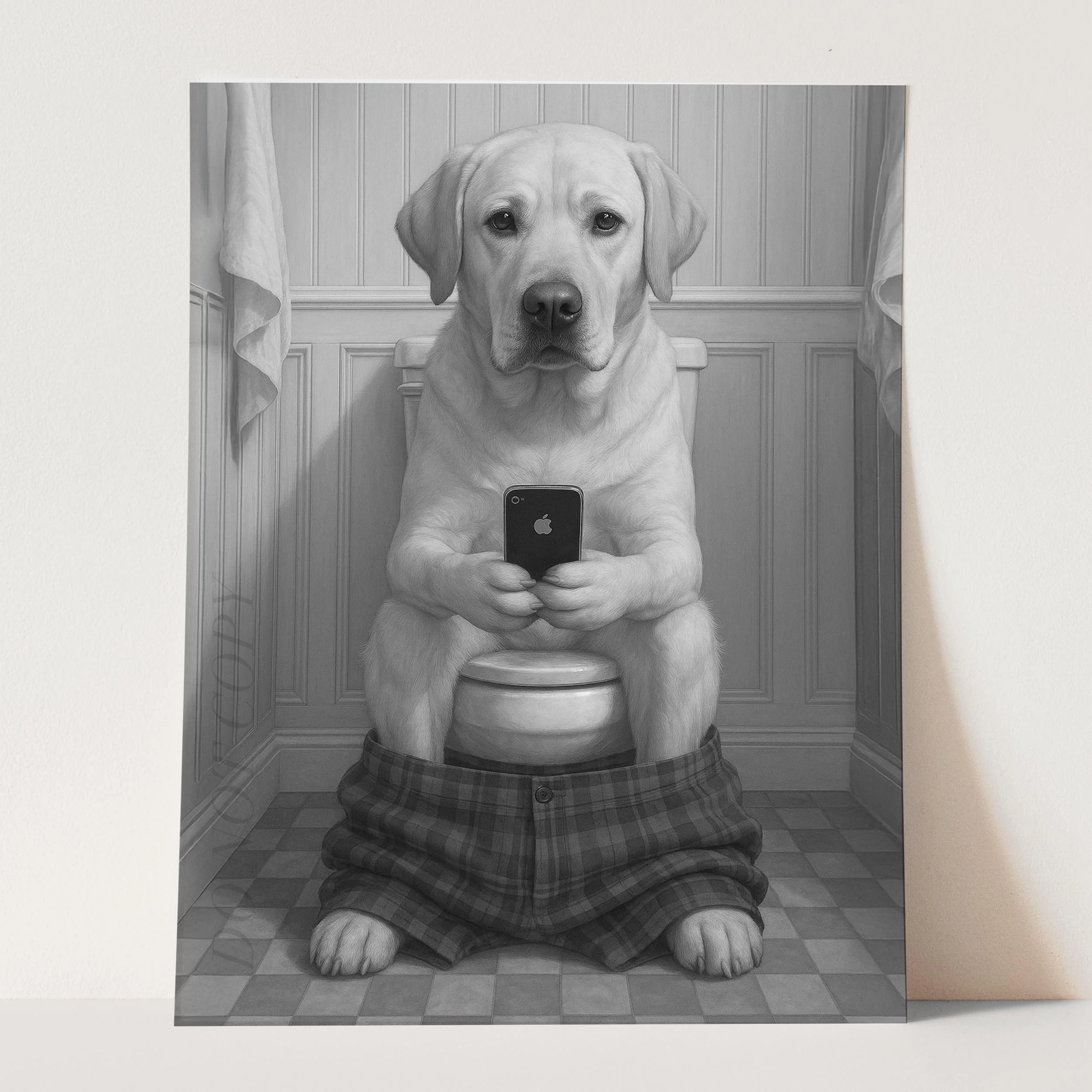 Yellow Labrador Retriever Dog On The Phone On The Toilet - Image 3