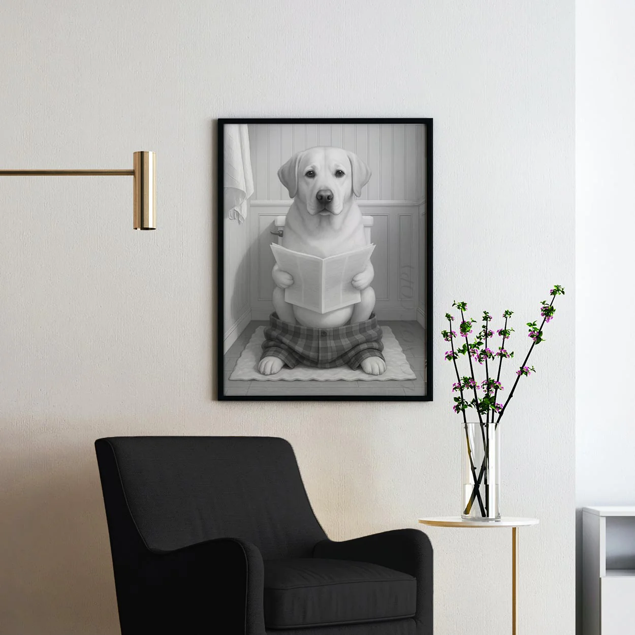 Yellow Labrador Retriever Dog Reading The Newspaper On The Toilet - Image 2