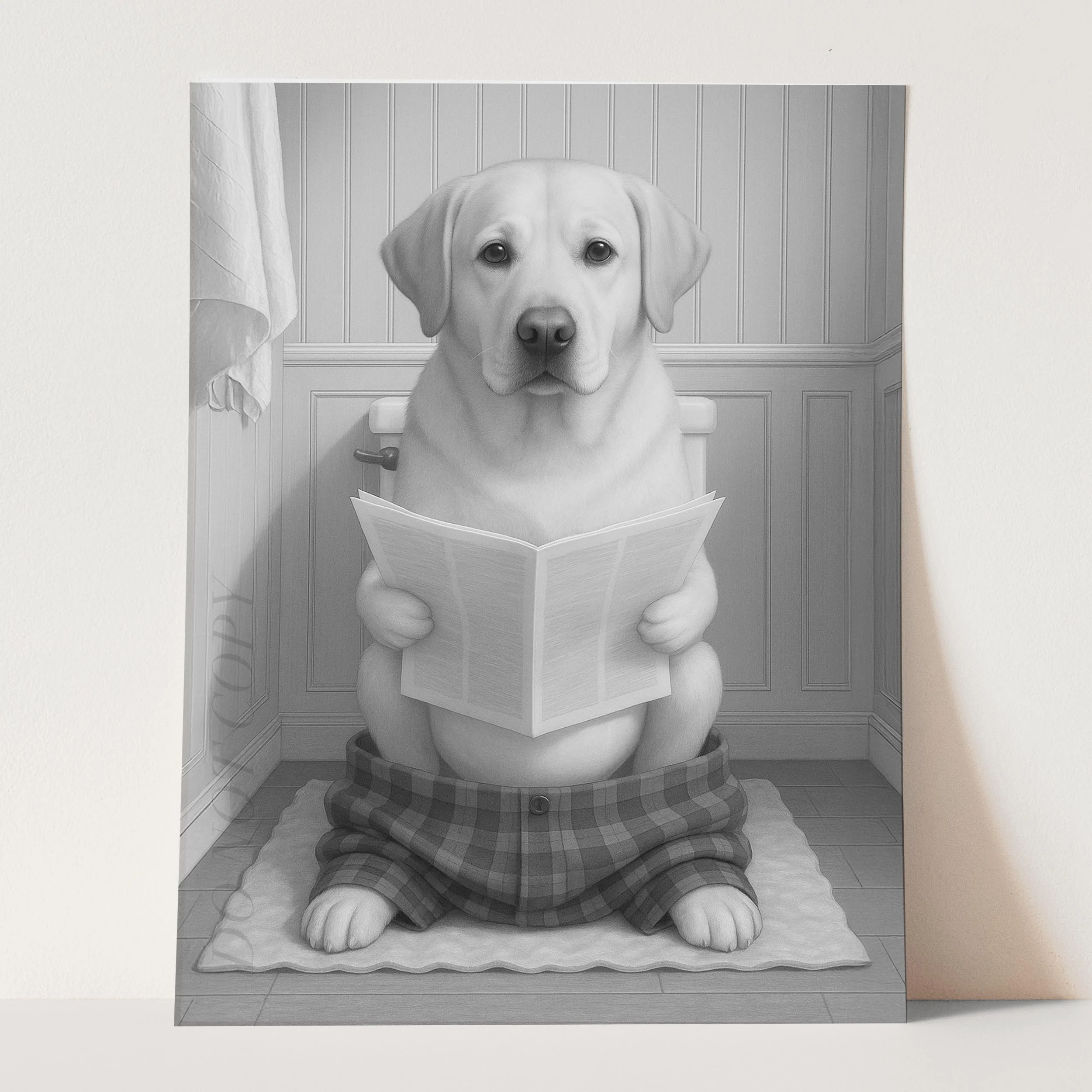 Yellow Labrador Retriever Dog Reading The Newspaper On The Toilet - Image 3