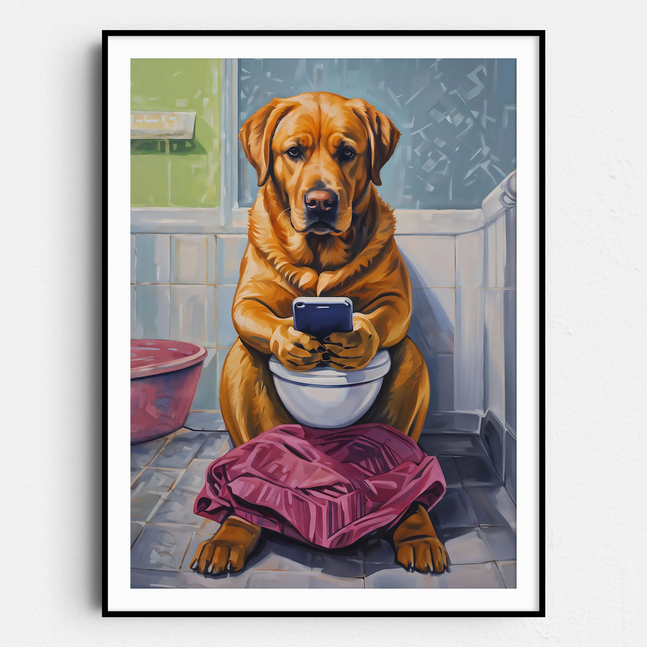 Yellow Labrador Retriever On Phone On The Toilet