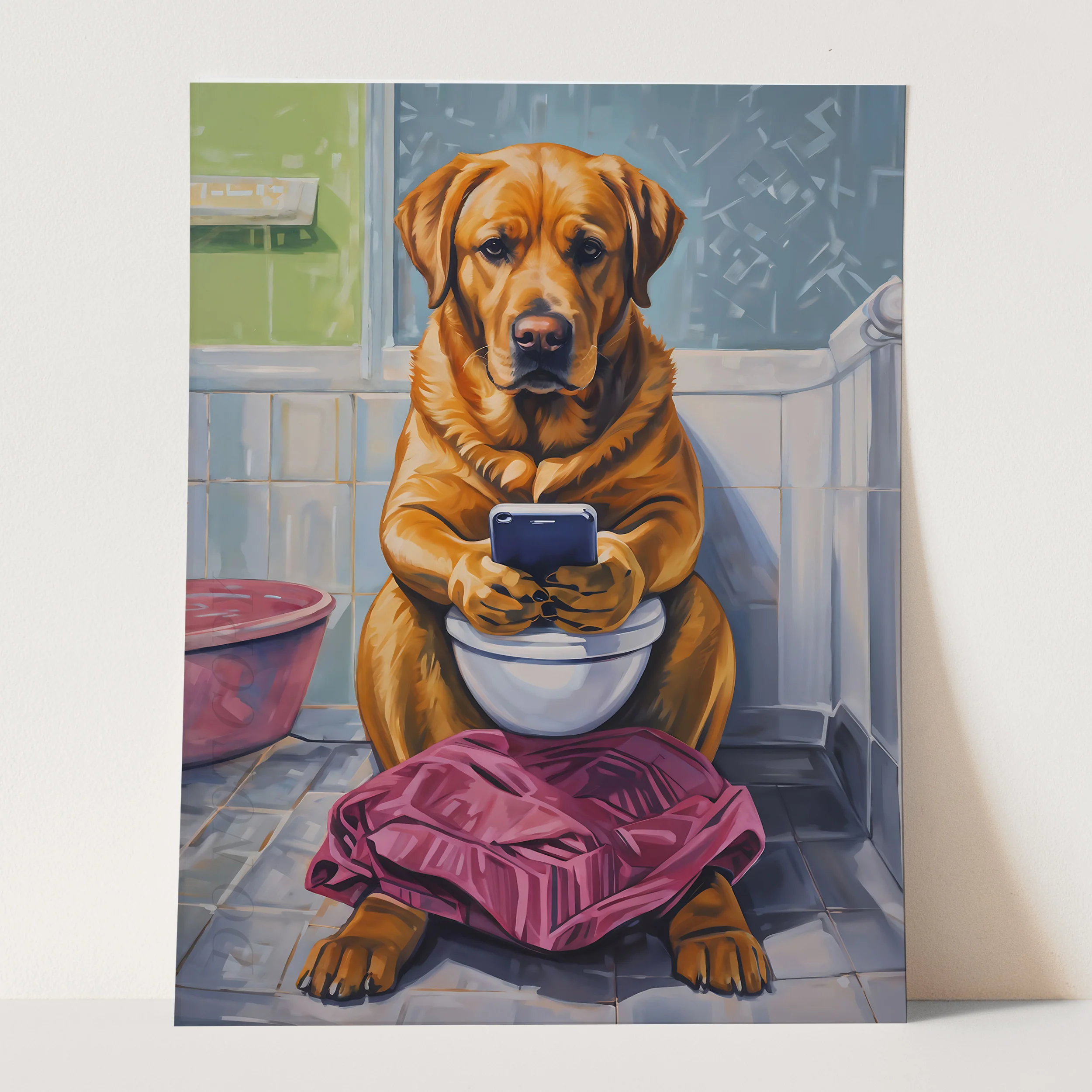 Yellow Labrador Retriever On Phone On The Toilet - Image 3