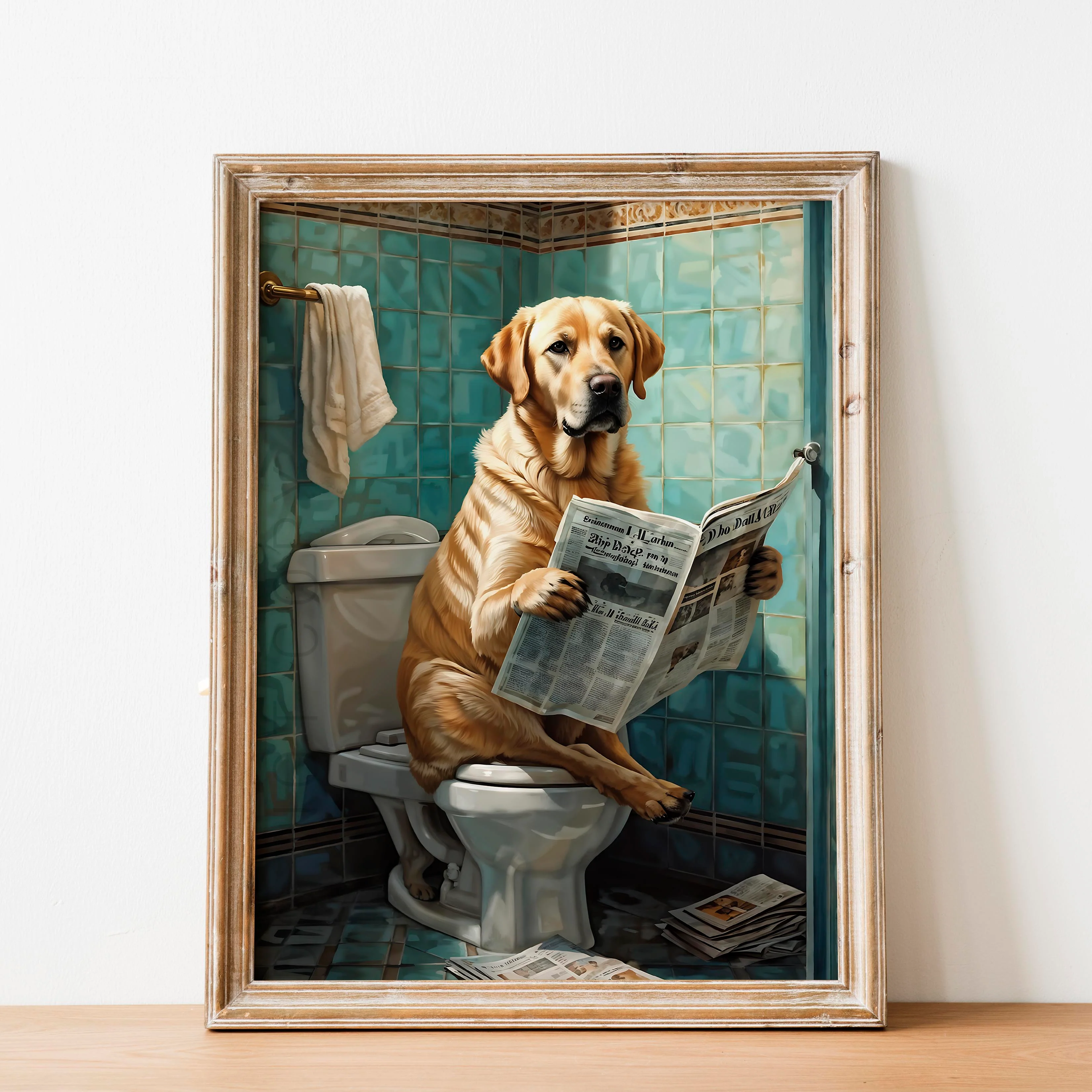 Yellow Labrador Retriever Reading Newspaper on the Toilet - Image 2