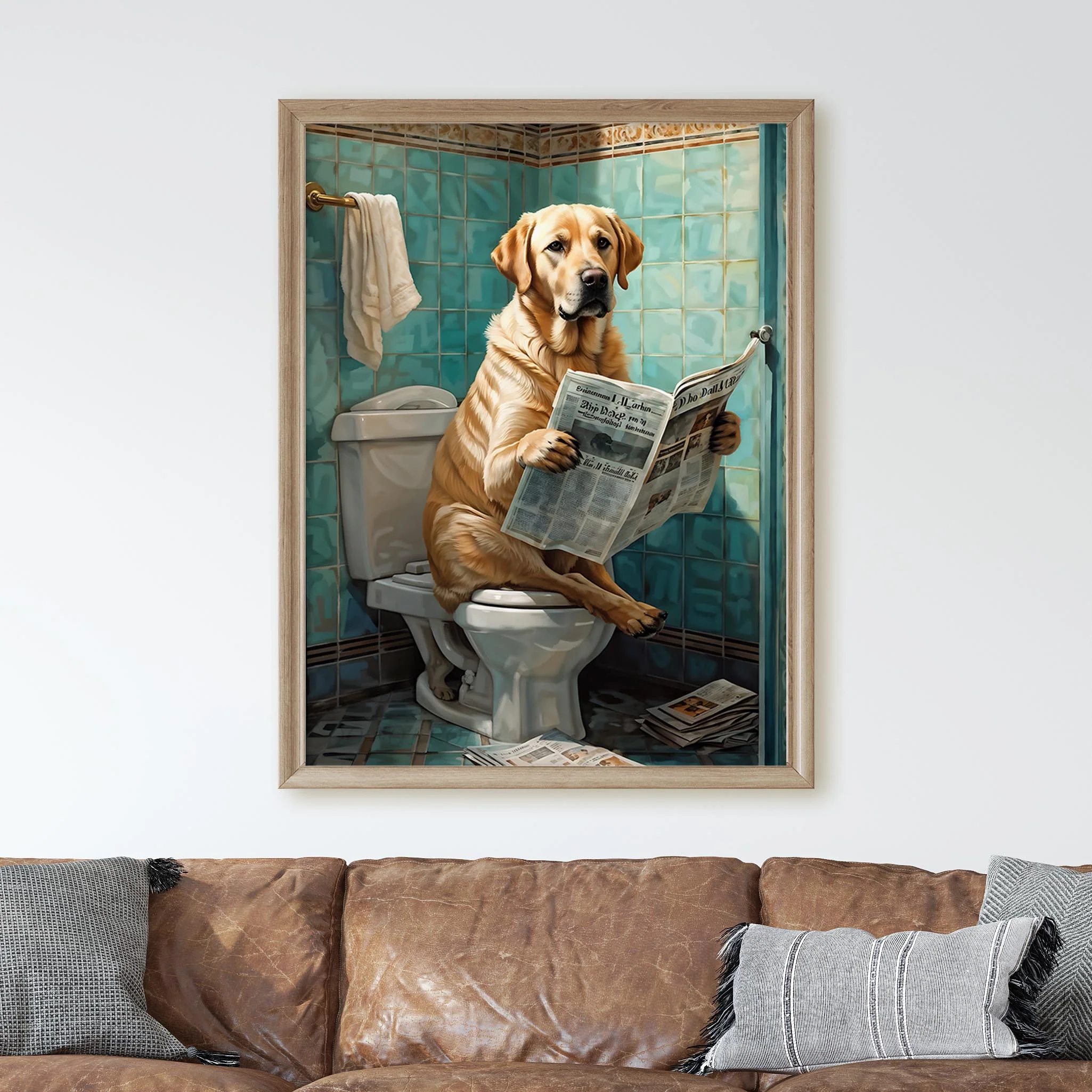 Yellow Labrador Retriever Reading Newspaper on the Toilet - Image 3
