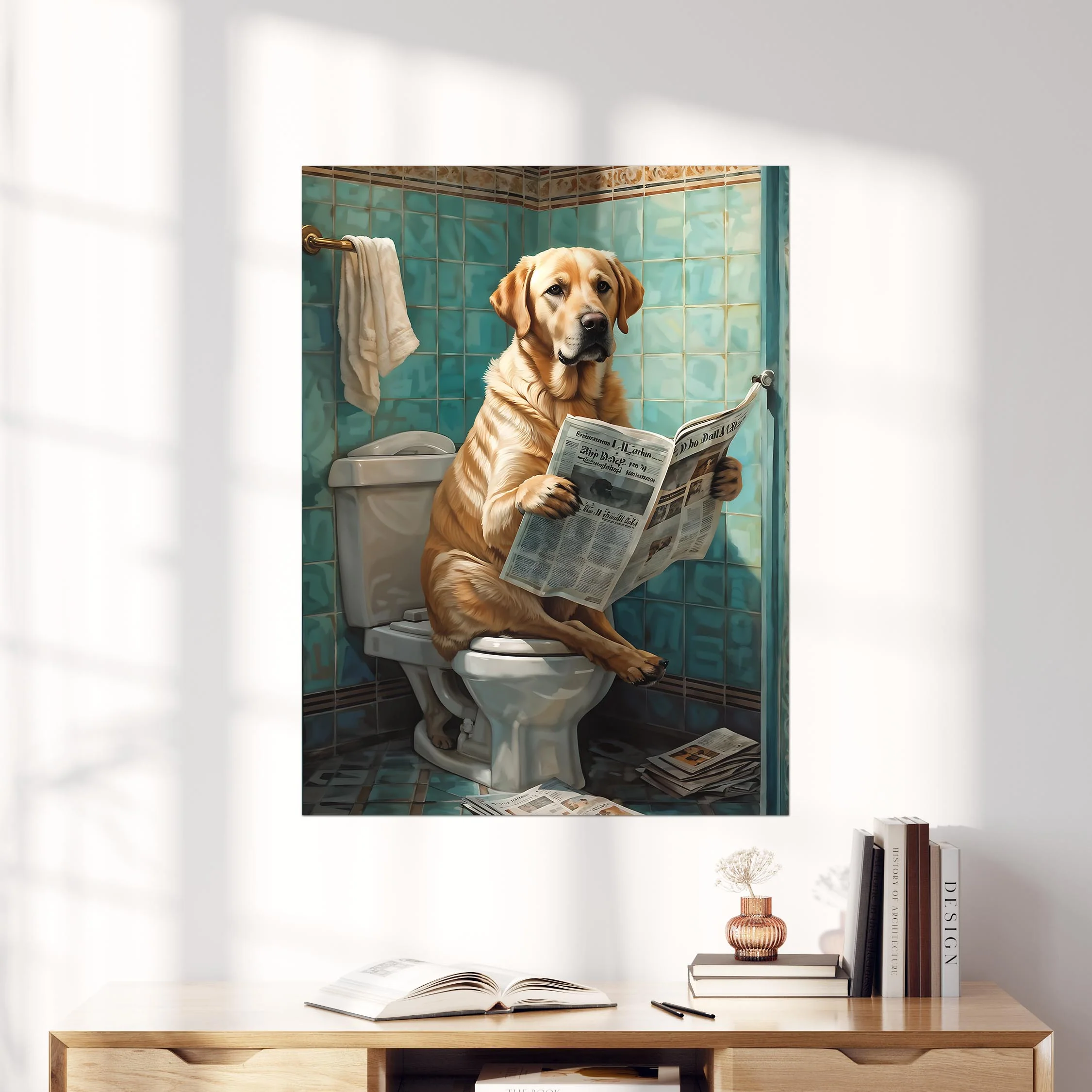 Yellow Labrador Retriever Reading Newspaper on the Toilet - Image 4