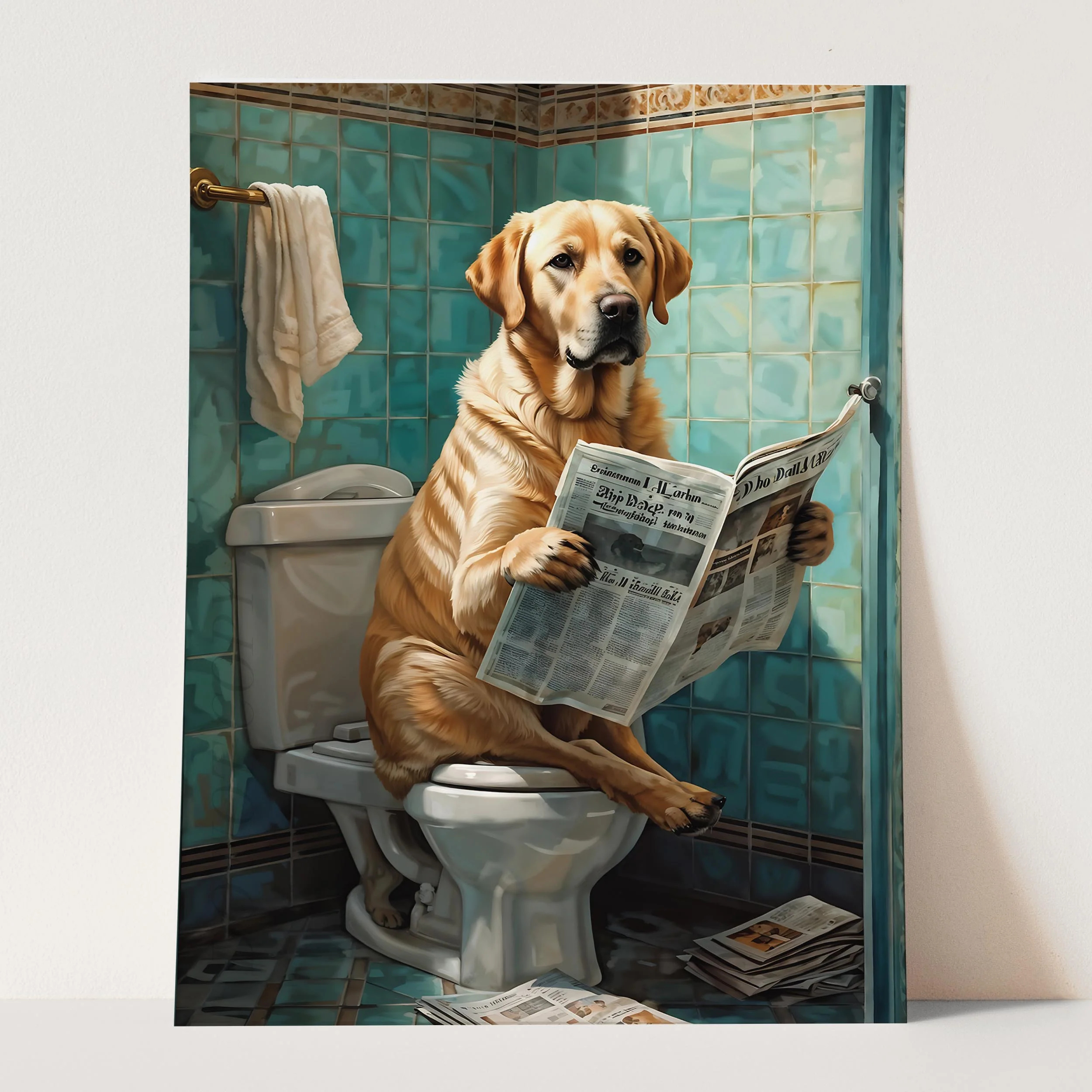 Yellow Labrador Retriever Reading Newspaper on the Toilet - Image 5